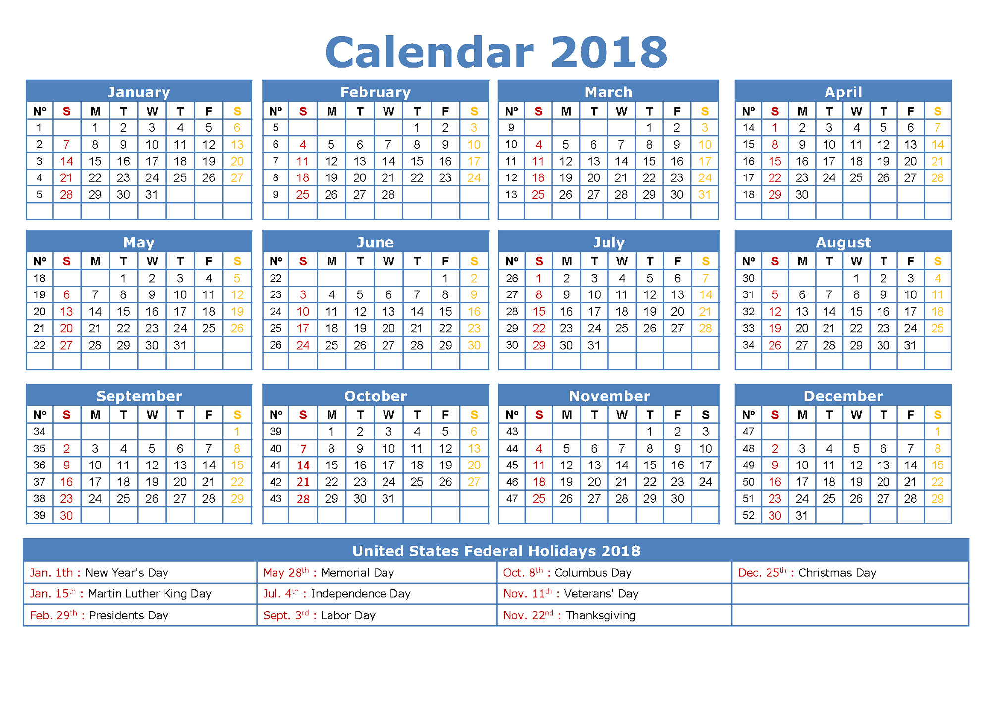 2000x1414 2018 Yearly Calendar With Holidays blue