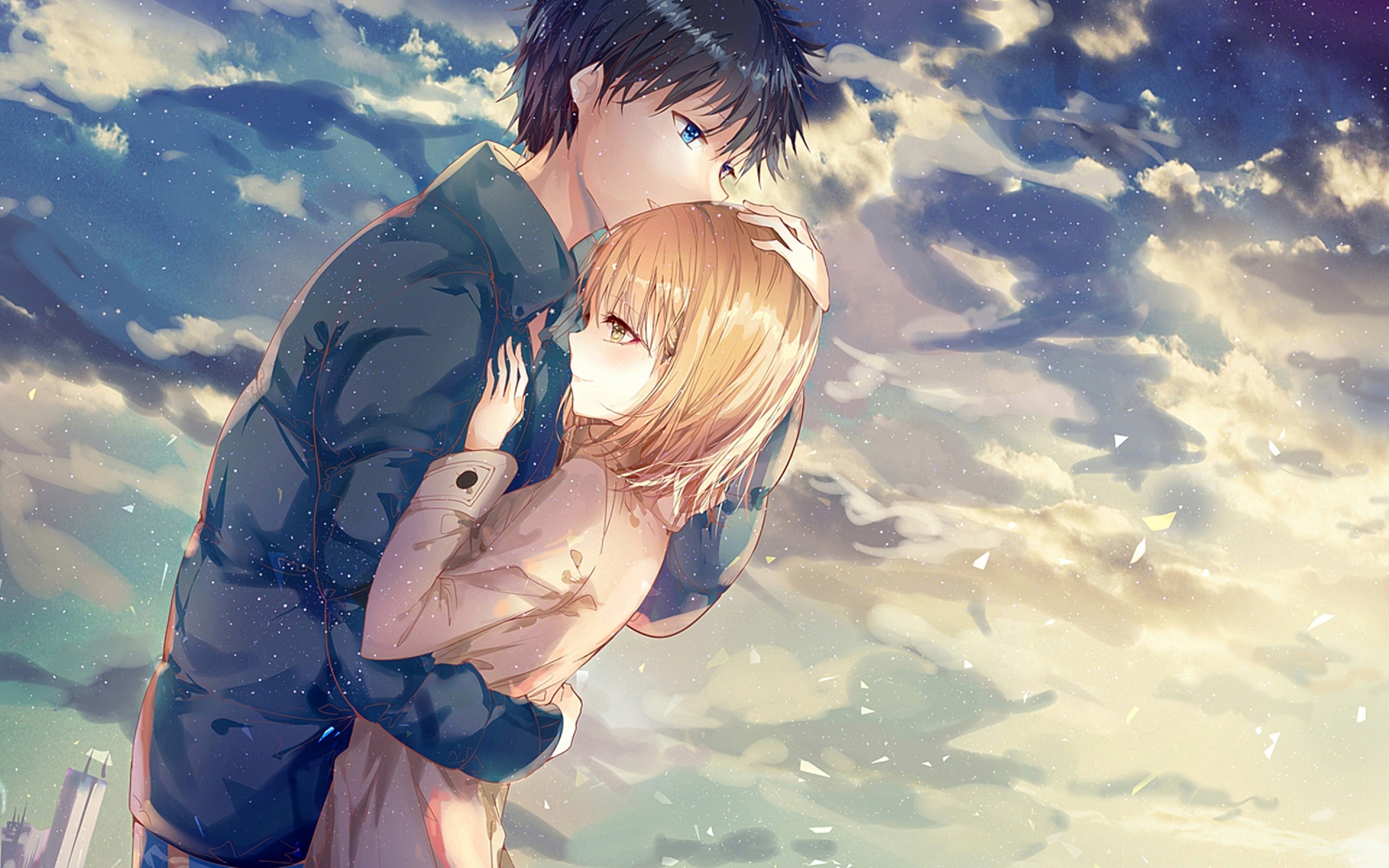 2880x1800 Anime Couple, Hug, Romance, Clouds, Scenic