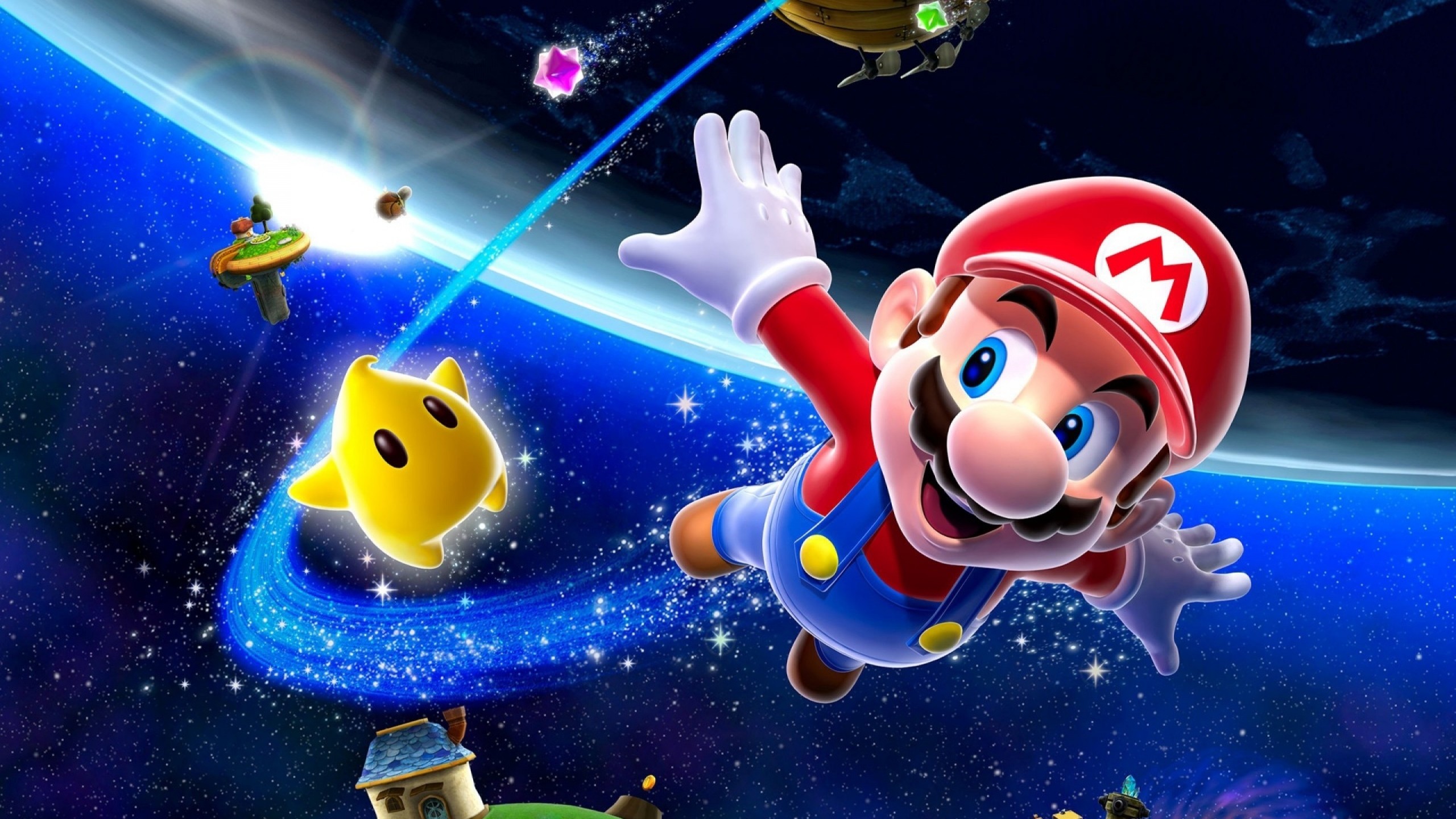 2560x1440  Wallpaper mario, space, characters, stars