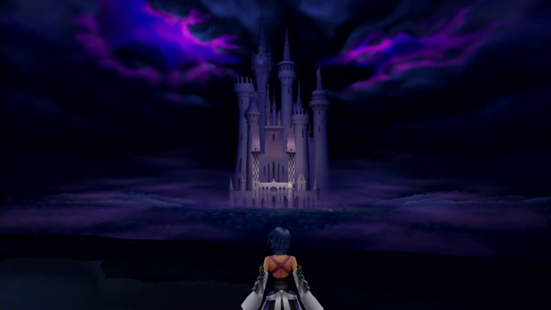 1920x1080 ... of Kingdom Hearts Birth by Sleep Final Mix leaves off, with the  blue-haired Keyblade wielder Aqua standing before Cinderella's castle in  the Dark World.