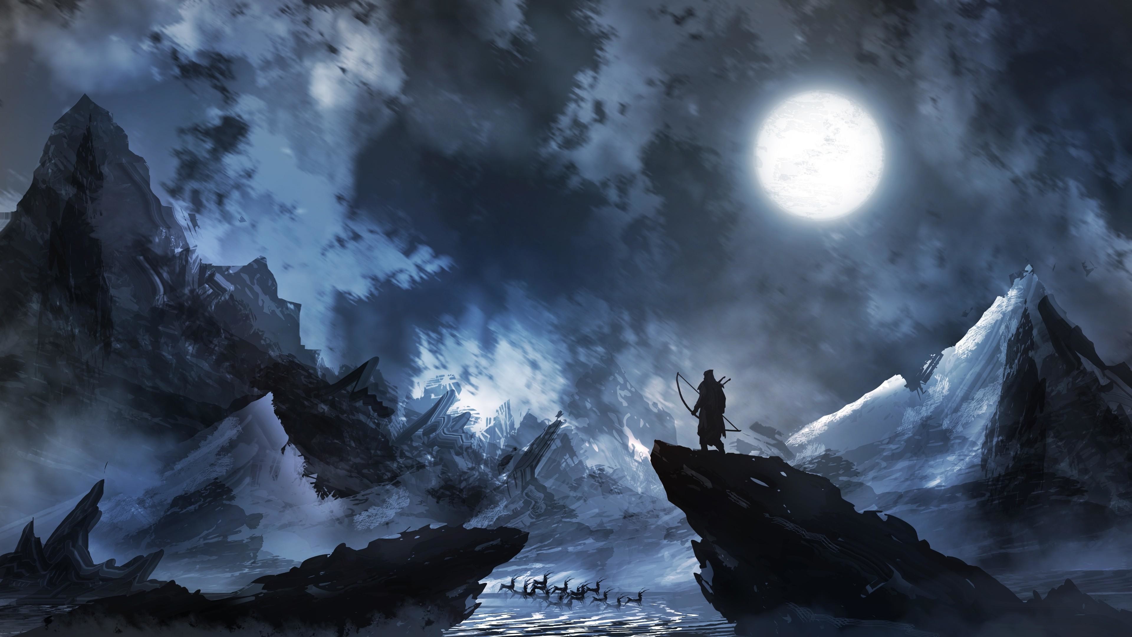 3840x2160 Title. Warrior in the moonlight fantasy art