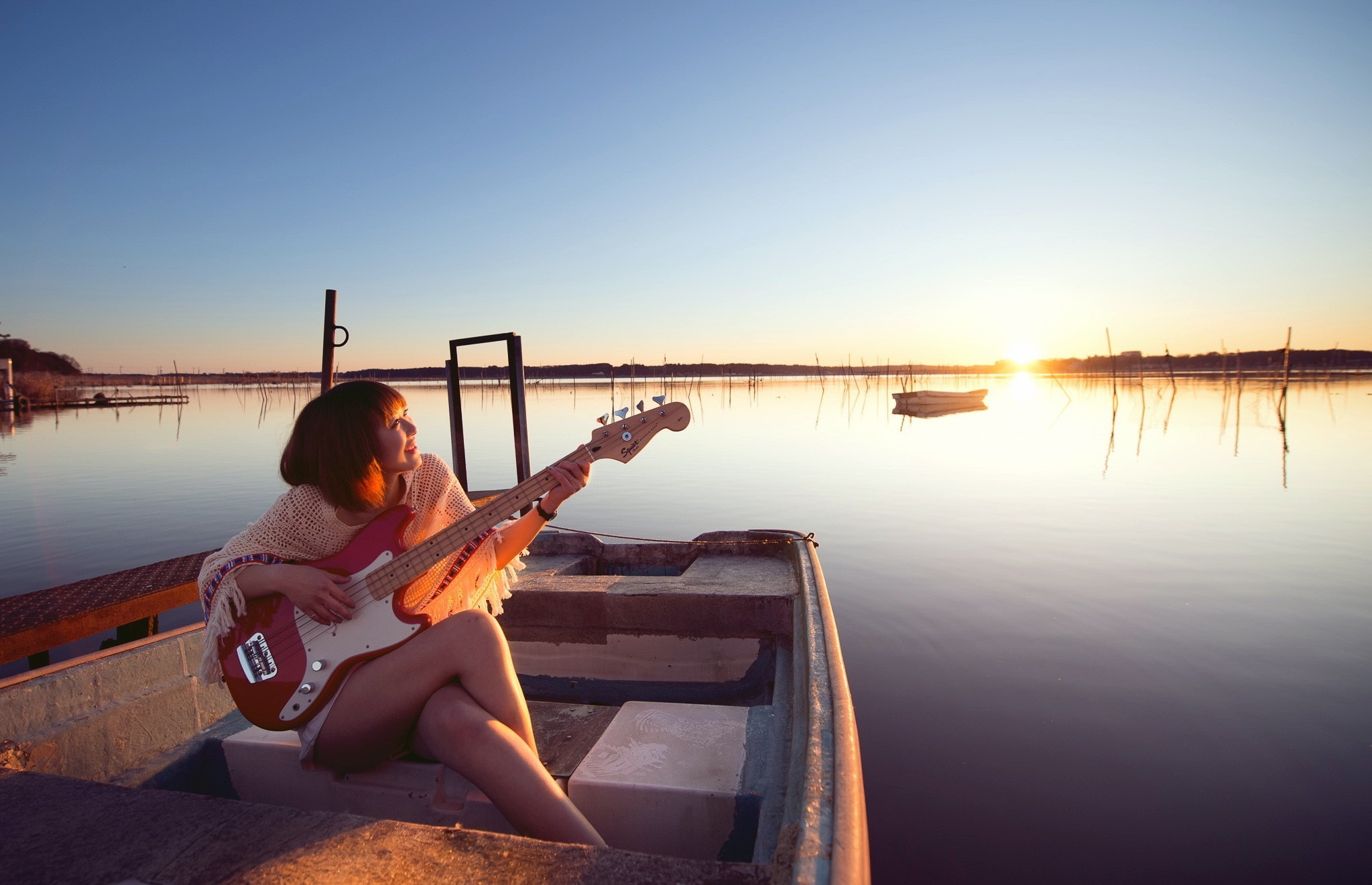 2047x1321 Women, Asian, Bass Guitar, Sunset, Boat, Water, Lake, Reflection