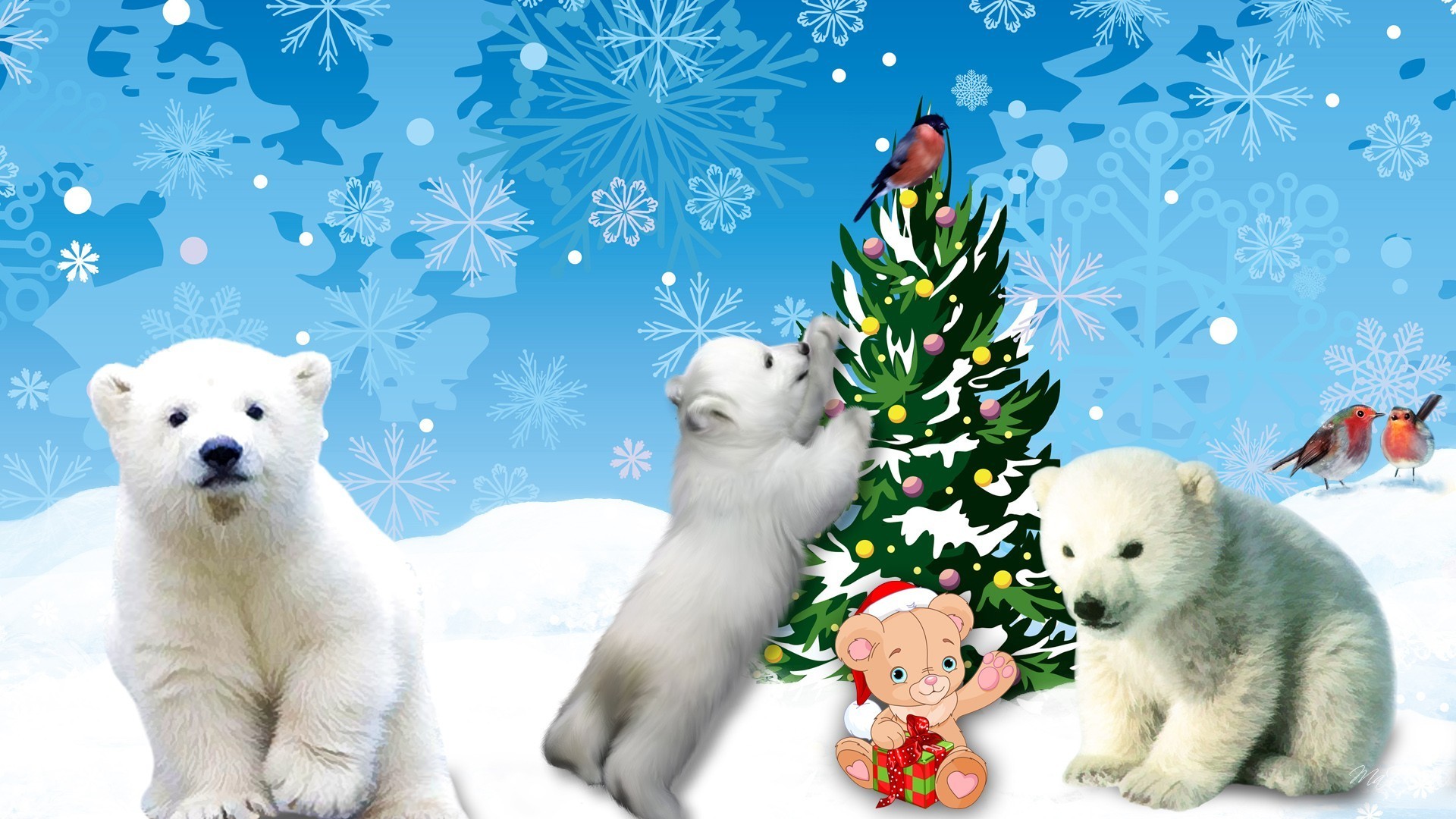1920x1080 Decorate Snow Polar Cute Tree Christmas Winter Bears Ios 8 Wallpaper