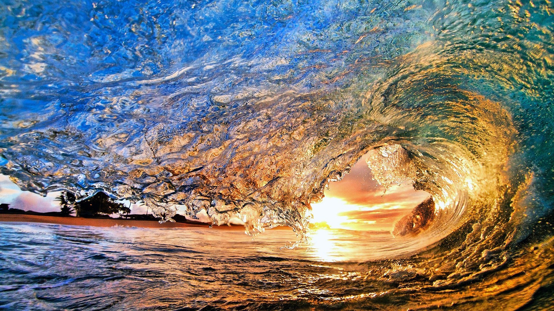 1920x1080 Surfing waves in sunset wallpaper