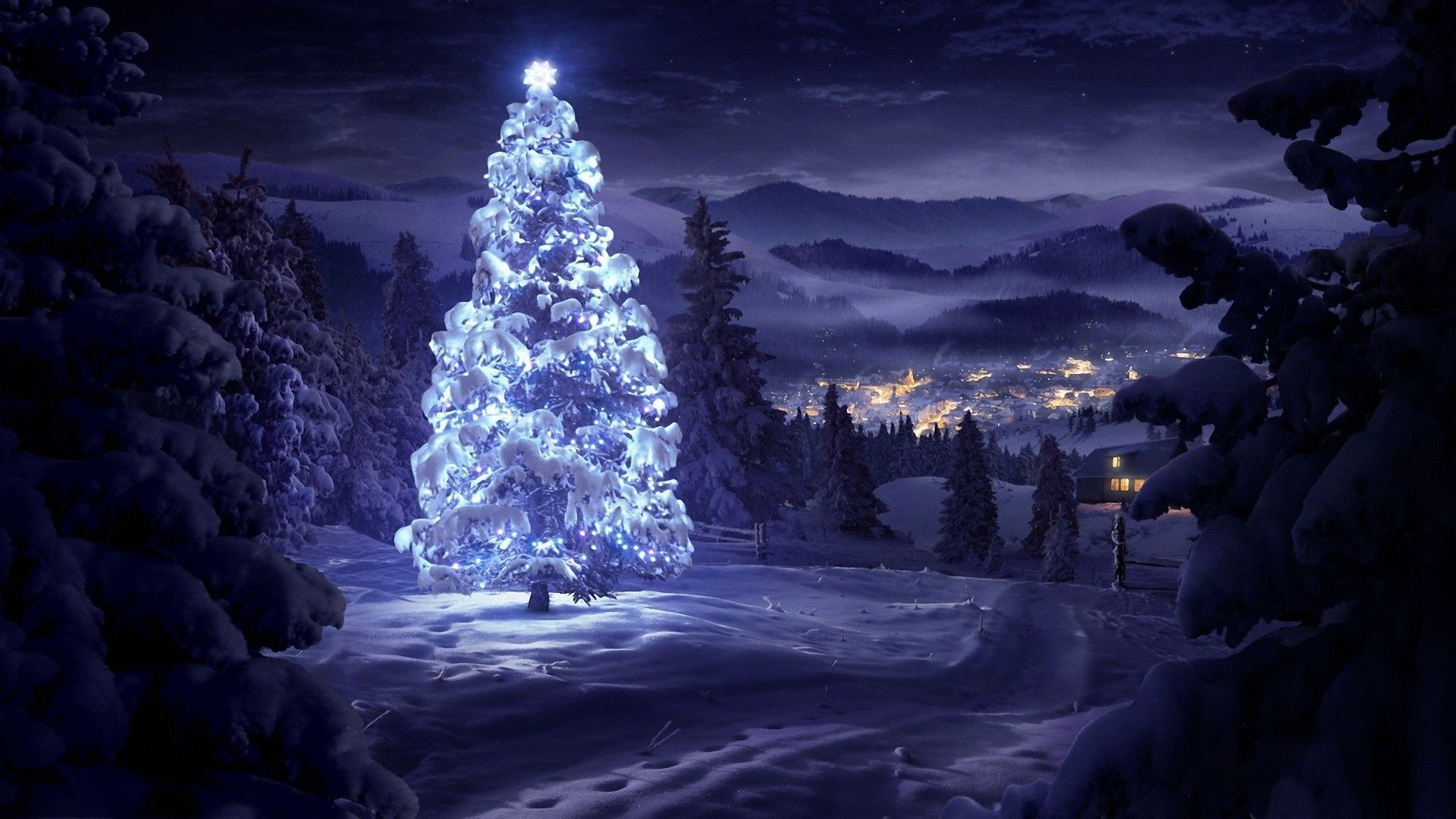 1920x1080 Christmas tree in the snow HD Wallpaper 