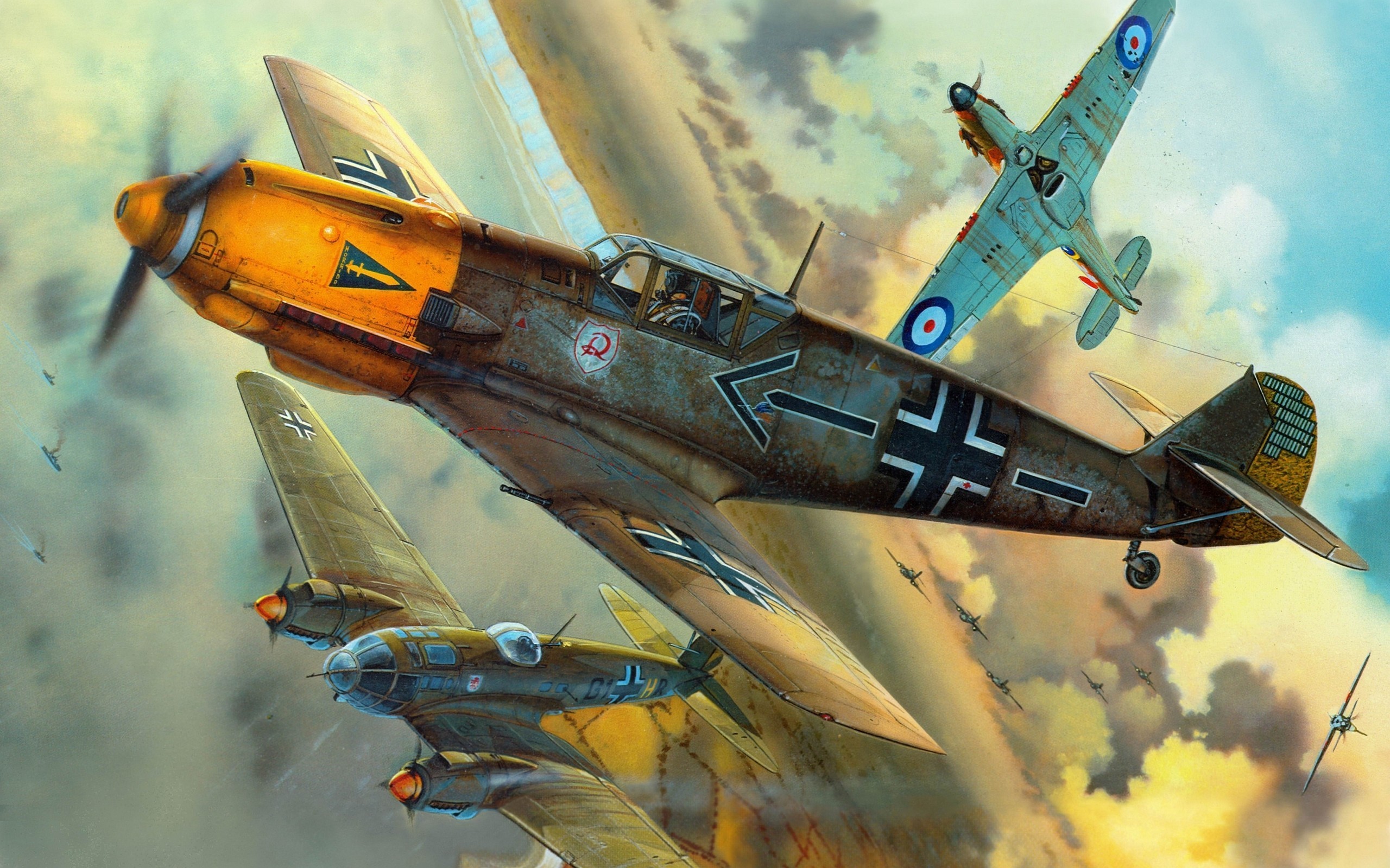2560x1600 Wallpaper : vehicle, artwork, airplane, Germany, military aircraft, North  American P 51 Mustang, World War II, Messerschmitt Bf 109, Supermarine  Spitfire, ...