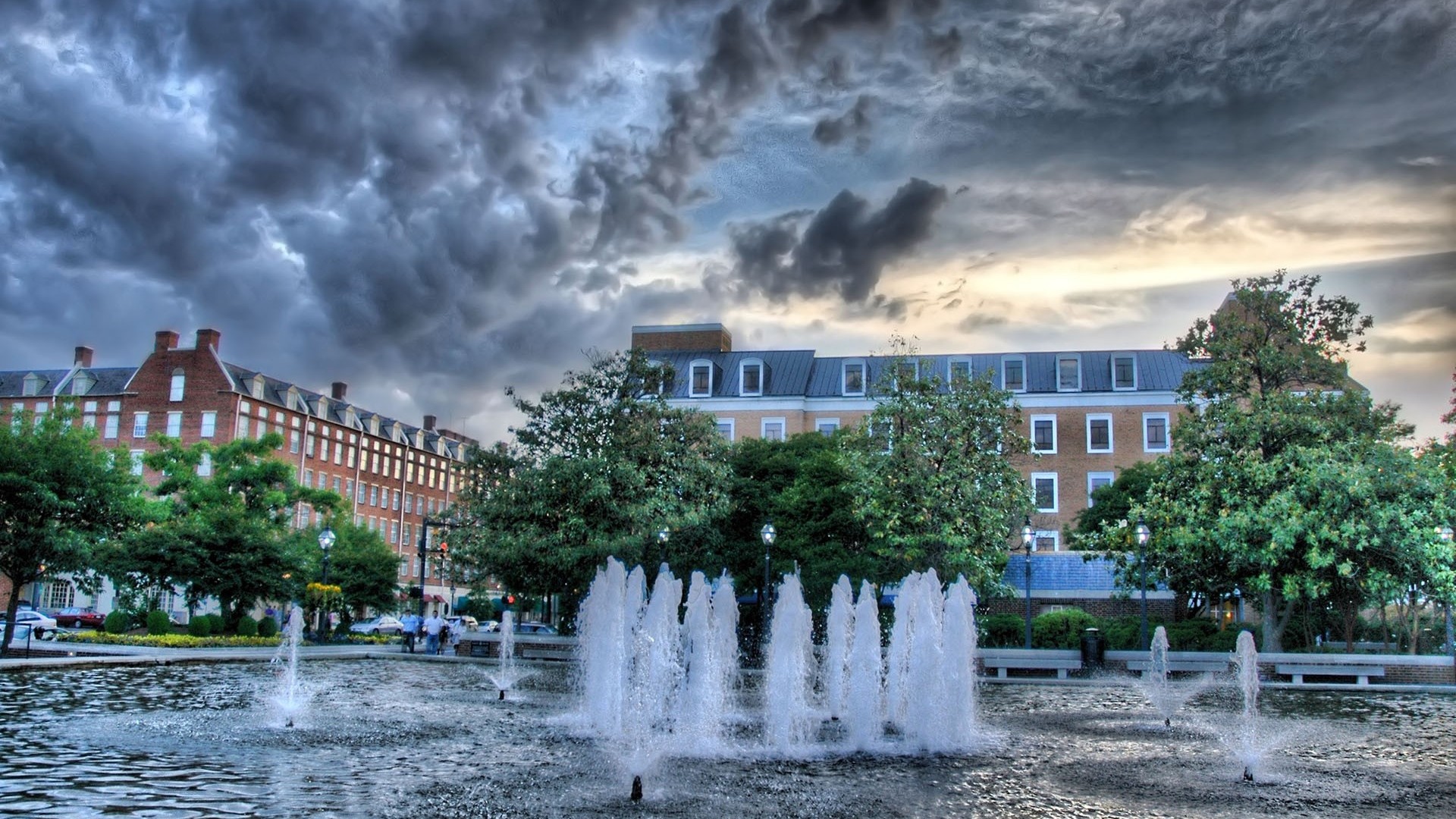 1920x1080  Wallpaper fountain, building, trees, water, hdr
