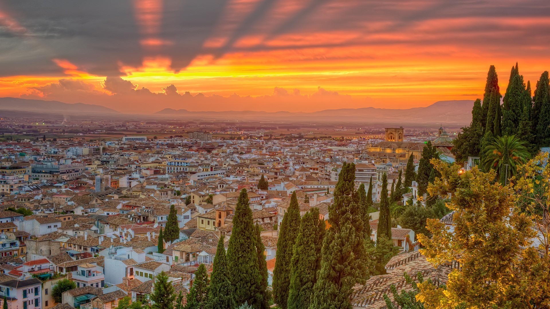 1920x1080 Spain cityscapes nature sunset trees wallpaper