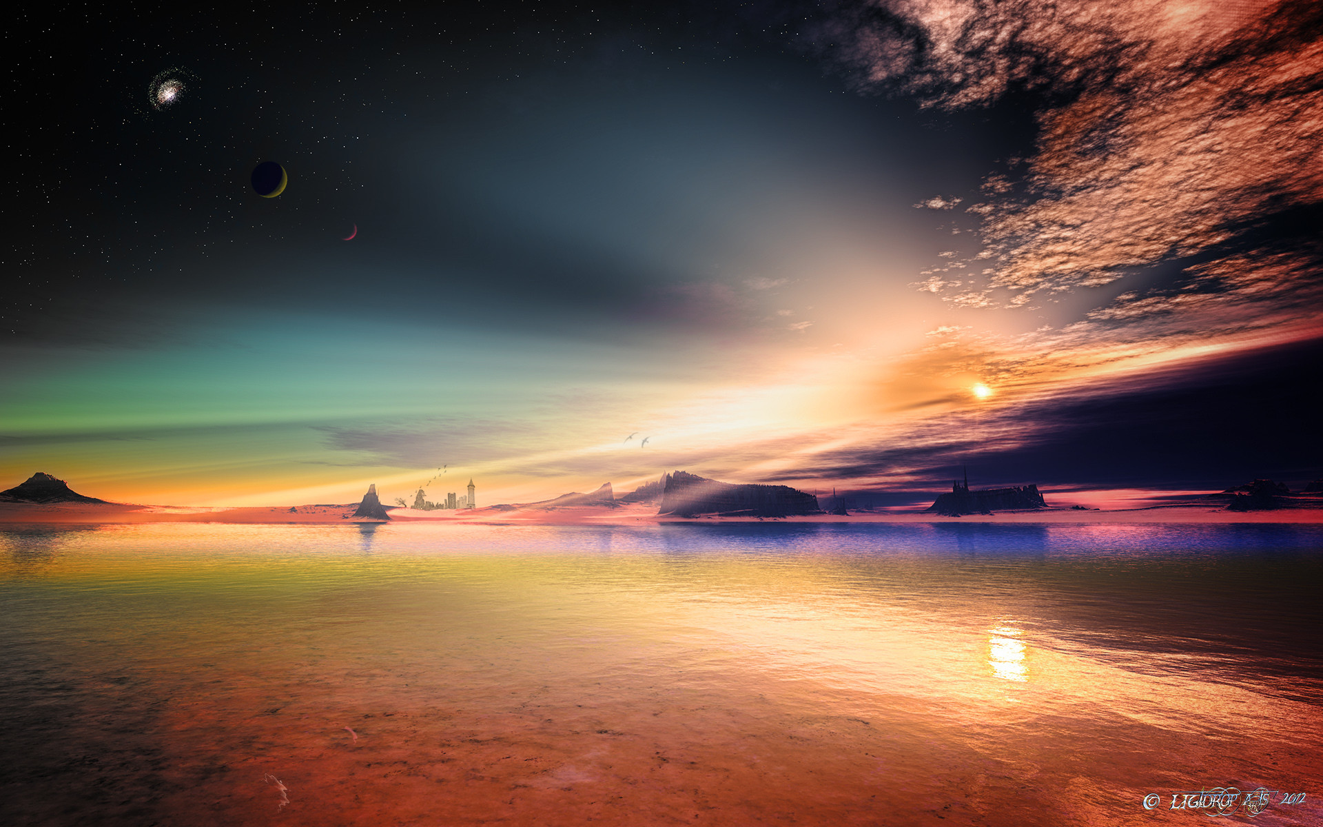 1920x1200 Art alien planet rocks sky stars lakeslandscape reflection sunset castle  wallpaper |  | 72035 | WallpaperUP