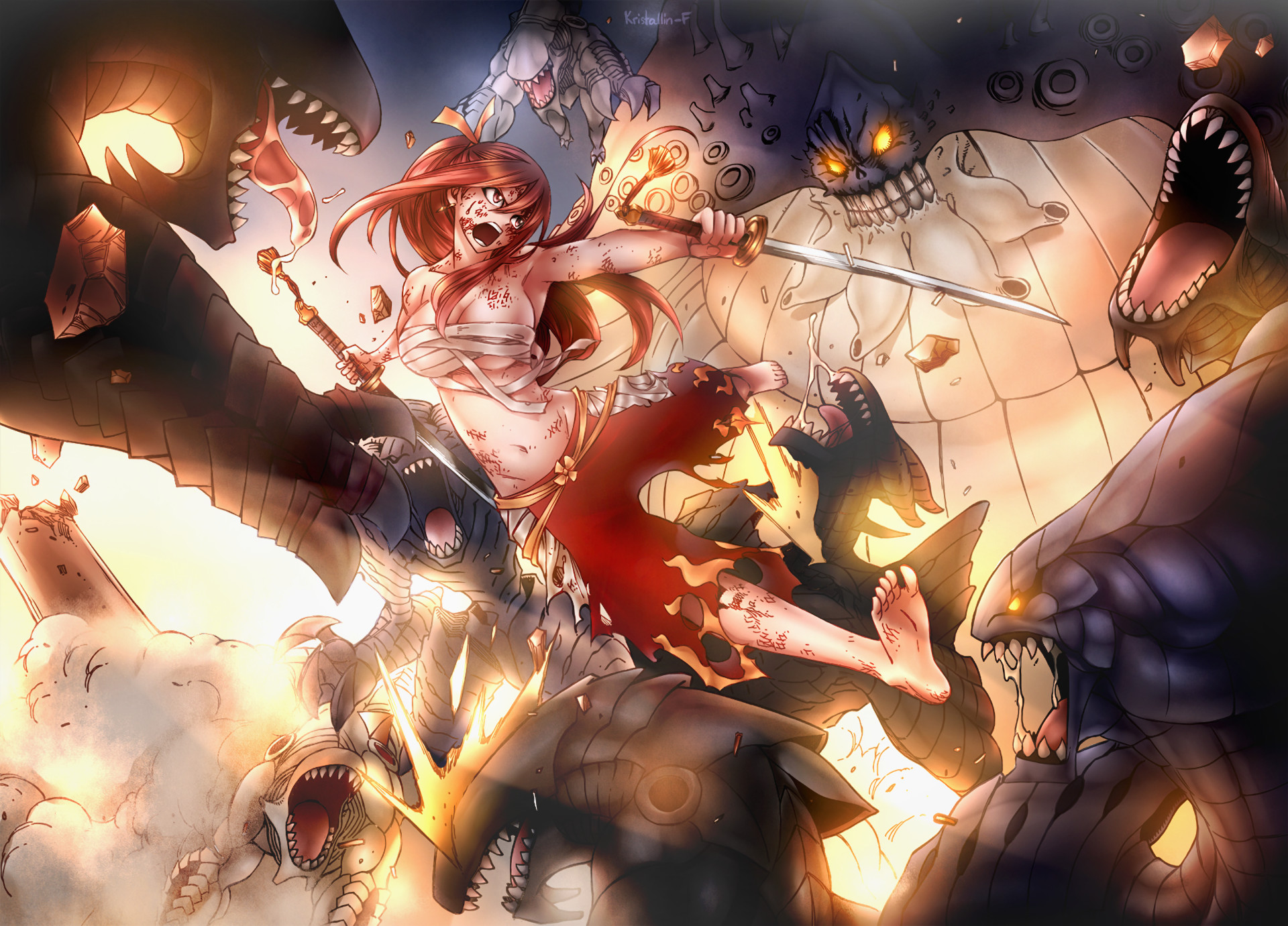 1920x1381 Erza Scarlet, Fighting, Fairy Tail, Sword, Bandages, Injures
