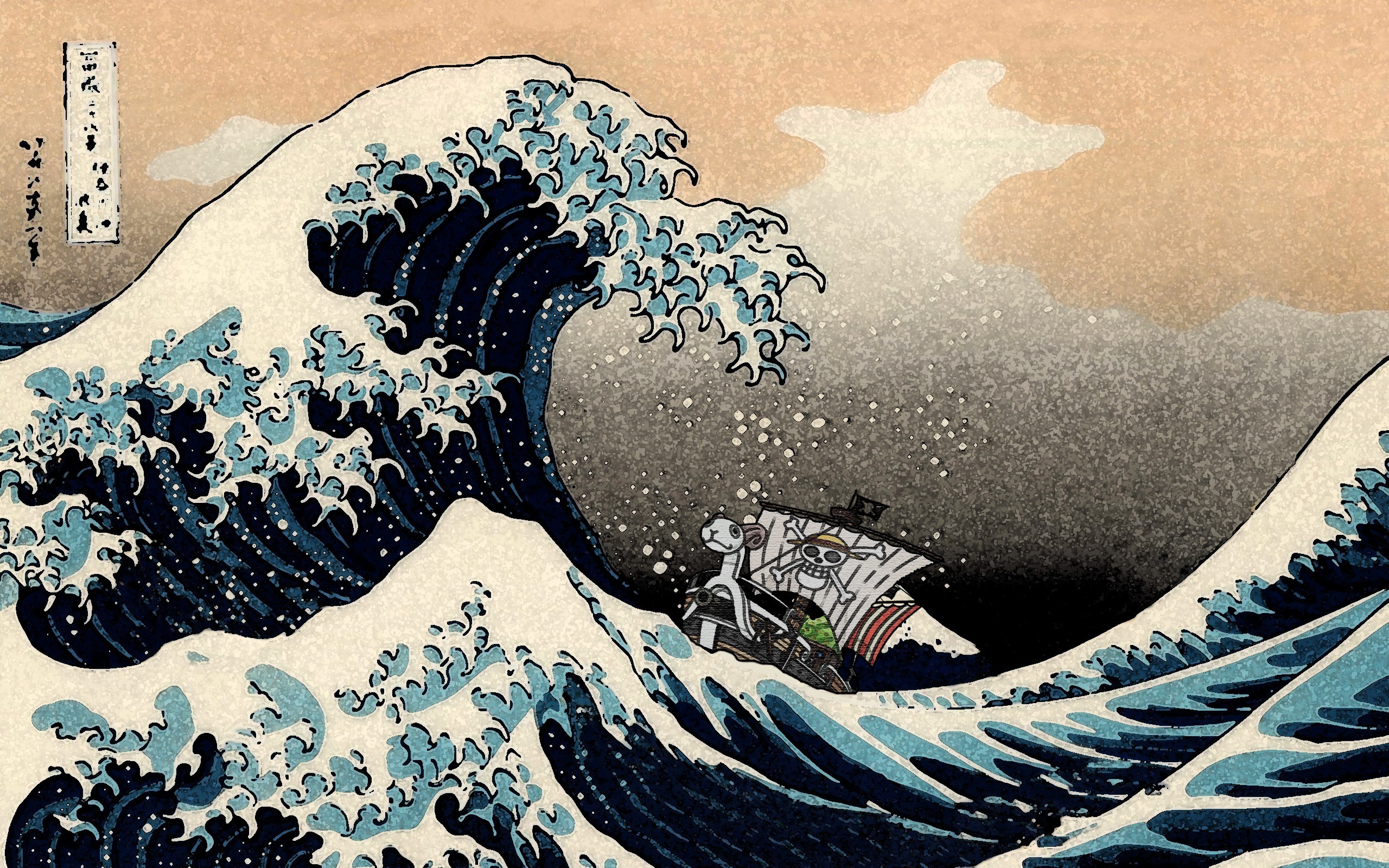 2560x1600 #One Piece, #waves, #Monkey D. Luffy, #The Great Wave off Kanagawa,  #Hokusai, wallpaper