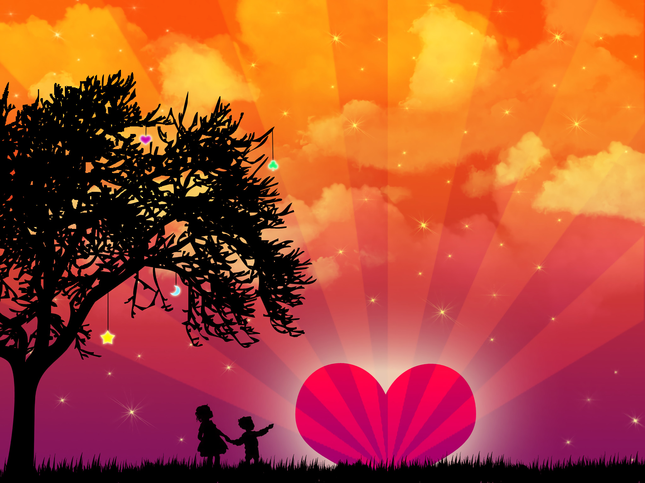 2048x1536 KÃ¼nstlerisch - Liebe KÃ¼nstlerisch Kind MÃ¤dchen Boy Herz Sterne Wolke Baum  Wallpaper