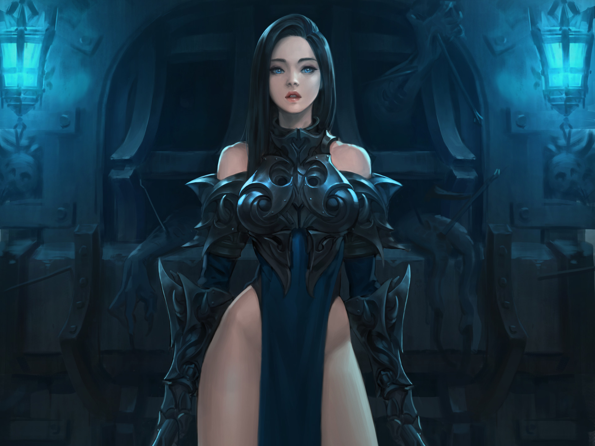 1920x1440 Fantasy - Women Warrior Black Hair Armor Blue Eyes Fantasy Woman Girl Warrior  Wallpaper