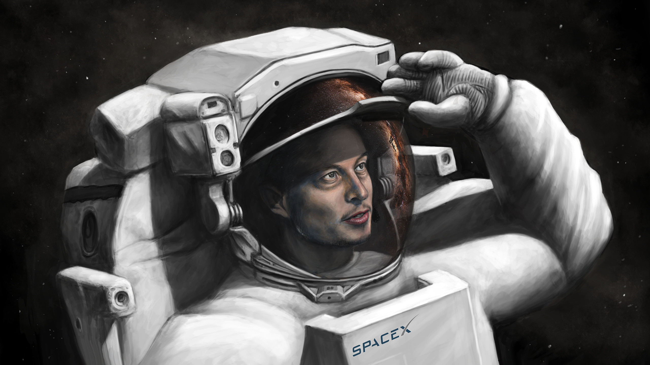 2560x1440 Image Cosmonauts Elon Musk, SpaceX Space Painting Art 