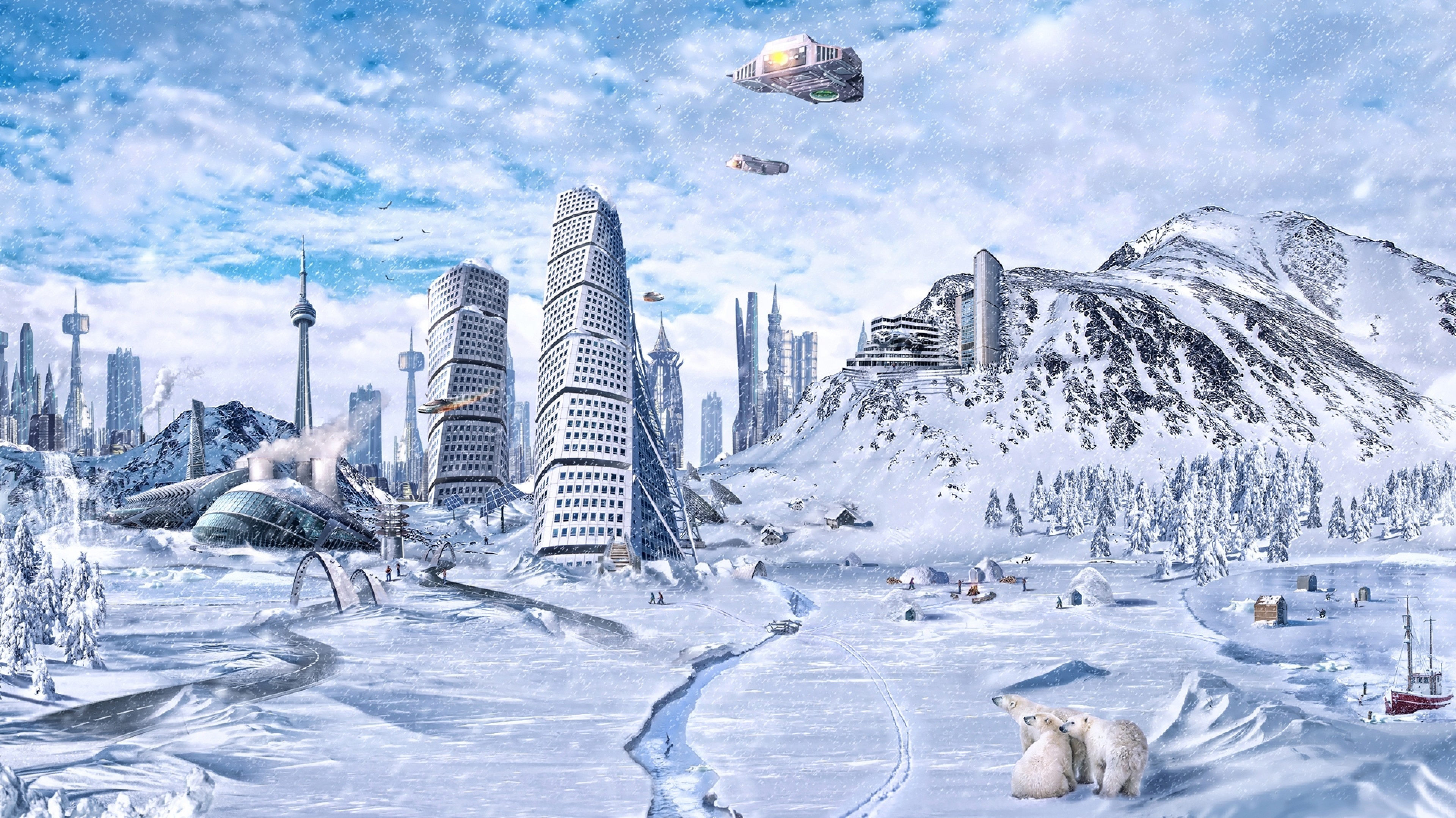 3840x2160 Preview wallpaper planet, world, winter, snow, city, science fiction, future