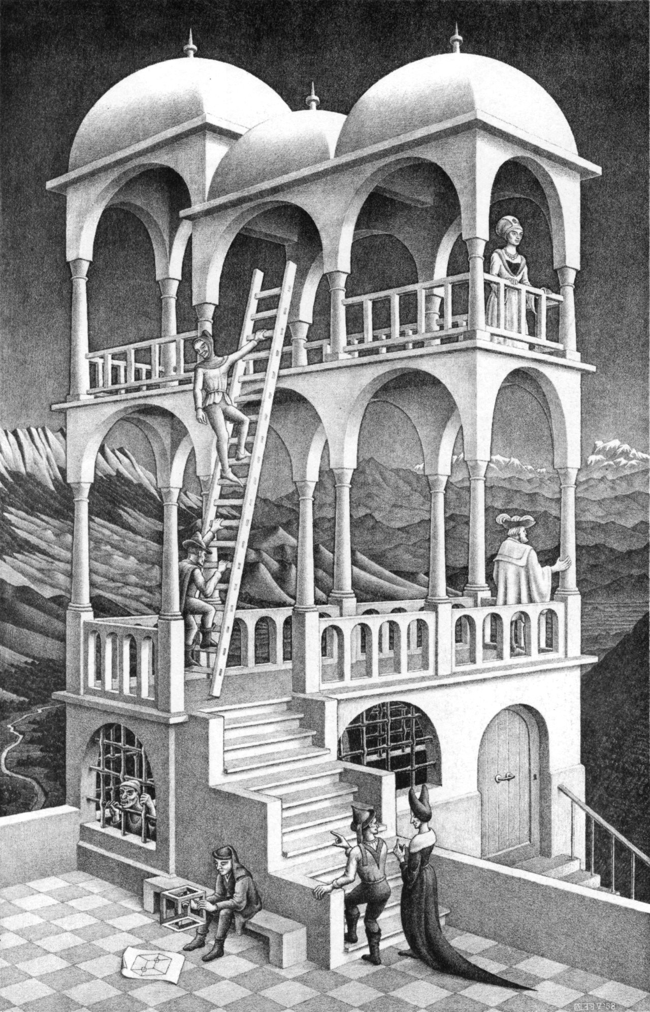 1280x1993 General  artwork optical illusion M. C. Escher monochrome portrait  display lithograph people building stairs ladders cube