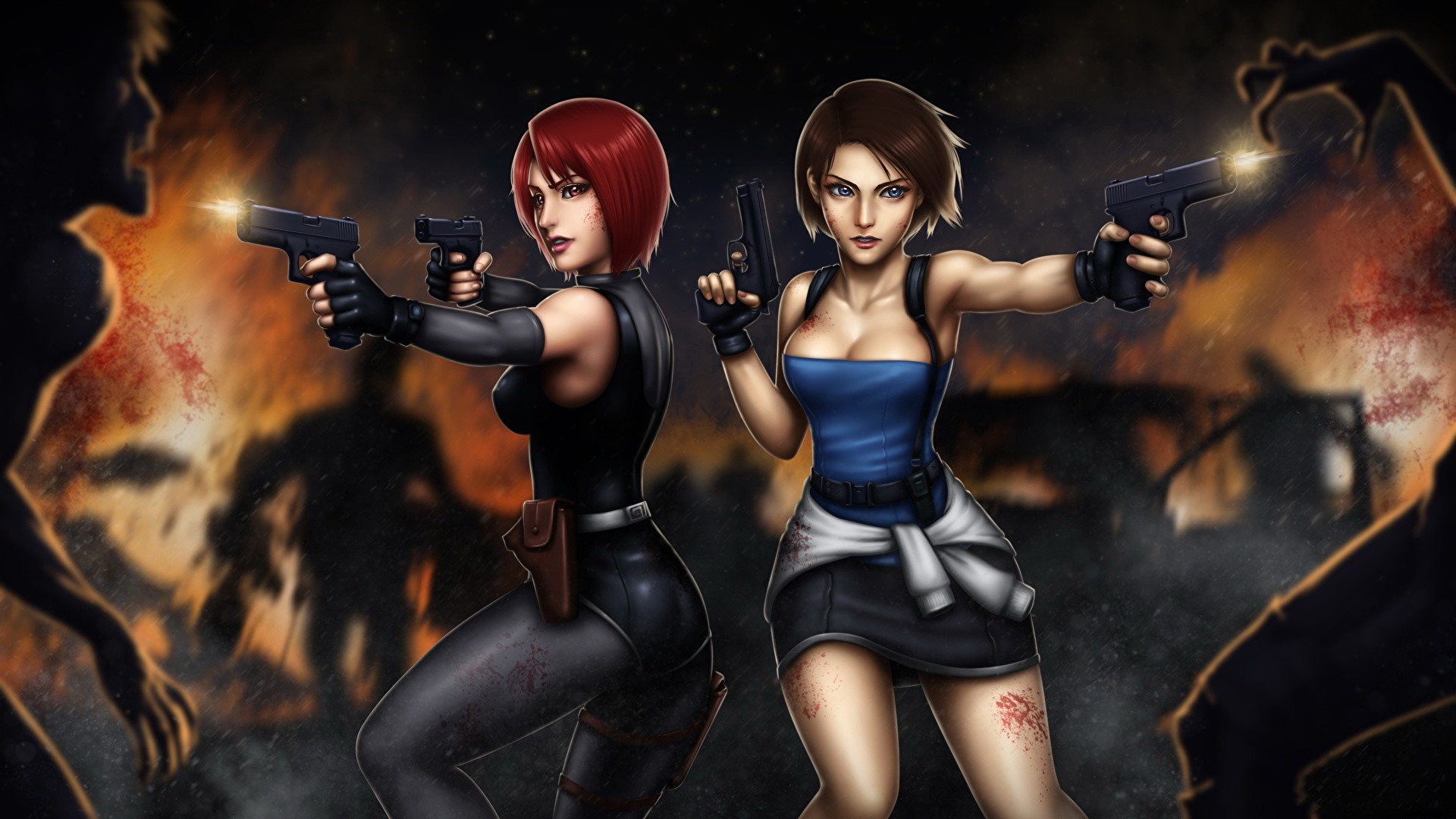 1920x1080 Wallpaper Resident Evil Zombie Firing Pistols Redhead girl Brown haired 3,  Regina, Jill Valentine