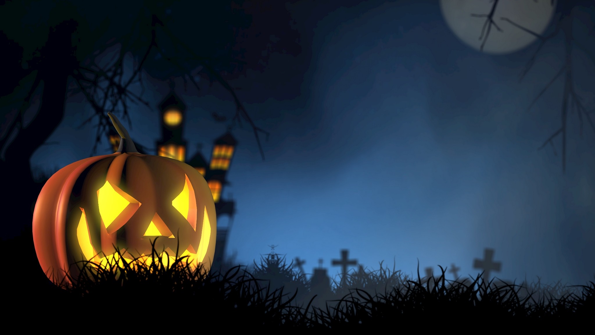 2048x1152  Wallpaper halloween, pumpkin, spooky, face, autumn