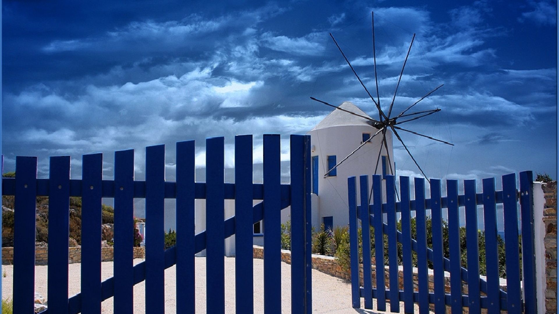 1920x1080 Other - Greek Windmill Blue Fence Sky Kind Windmil Clouds Gallery for HD  16:9