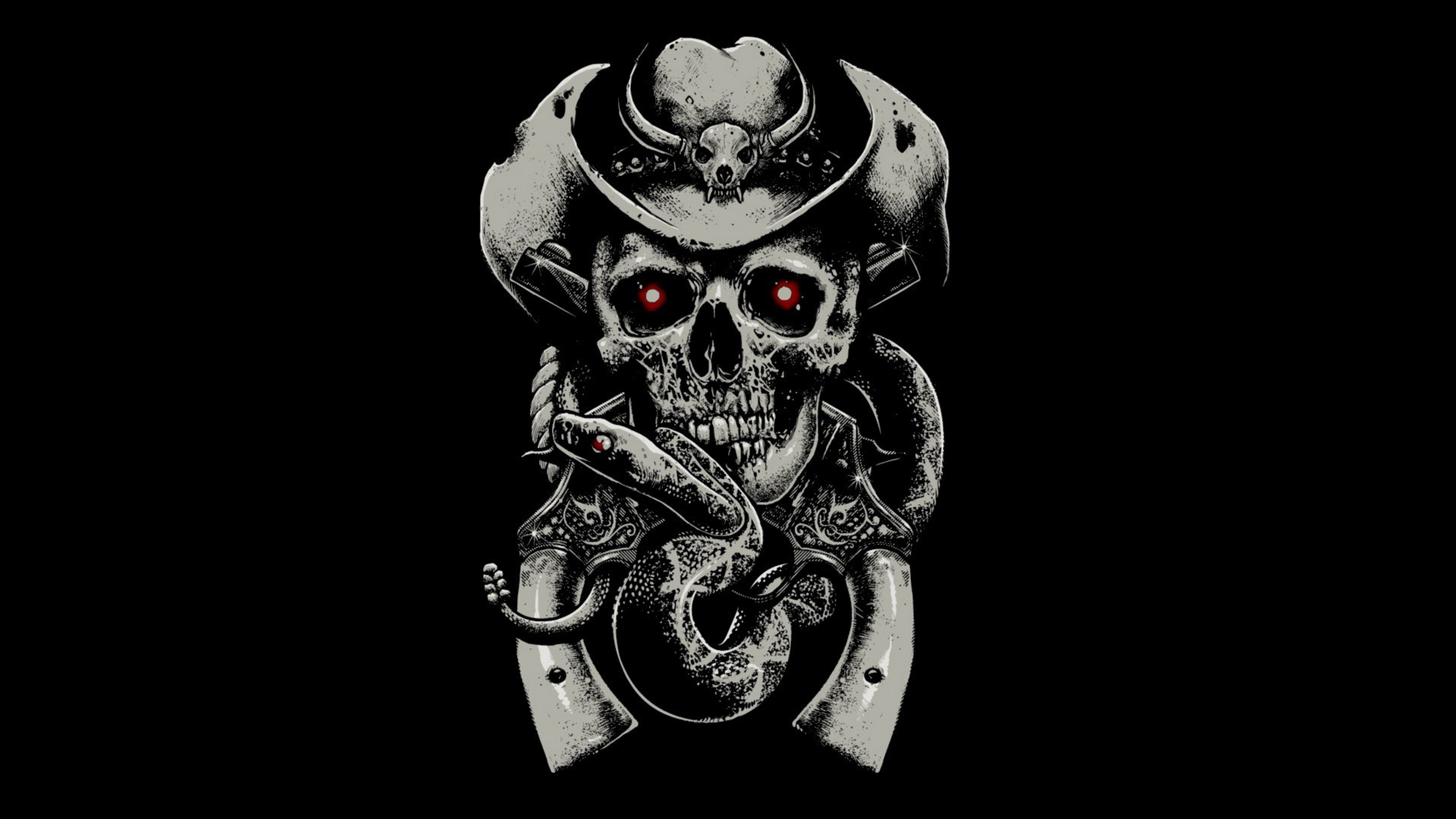 3840x2160  Wallpaper skull, fear, hat, guns, snake, background