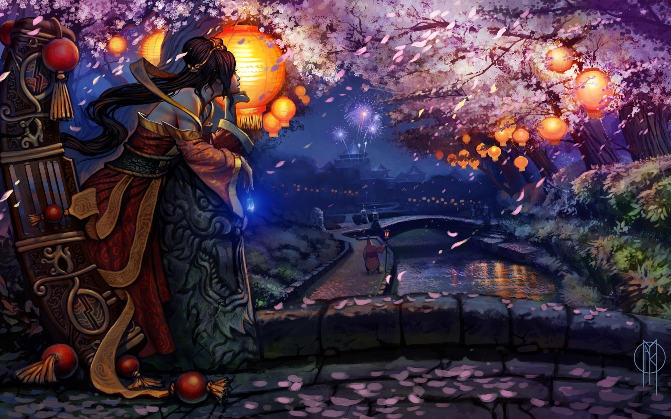 2560x1600 HD League Legends Girl Kimono Bridge Cherry Blossom Flashlights Fantasy  Background Images Wallpaper