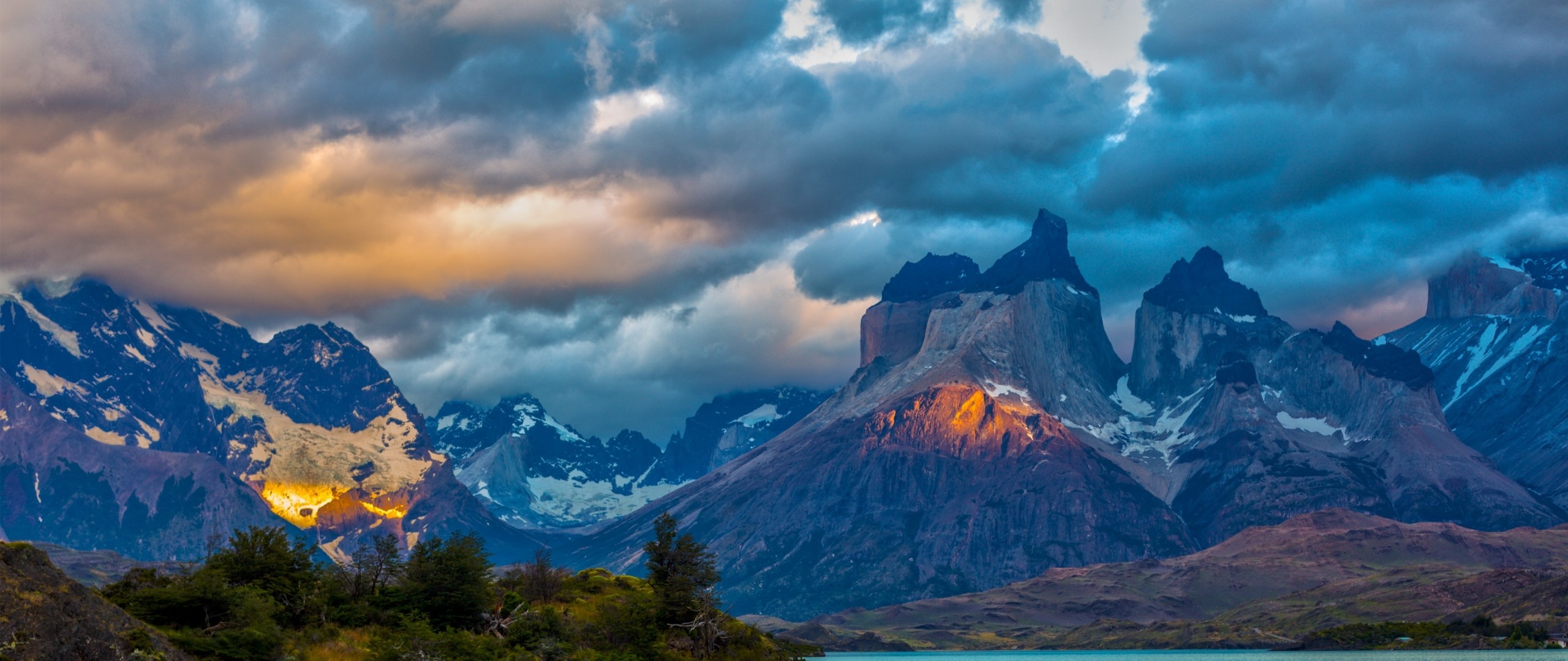 2560x1080 Preview wallpaper landscape, argentina, mountain, lake, patagonia, clouds,  nature 
