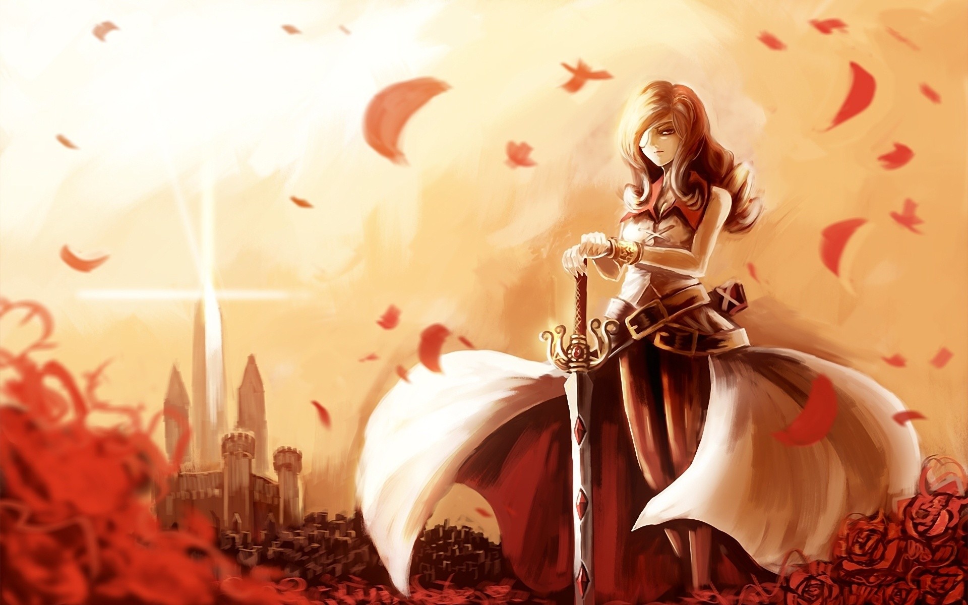 Pose of blueeyed brown longhaired anime warrior beautiful girl with sword  in hand 2K wallpaper download