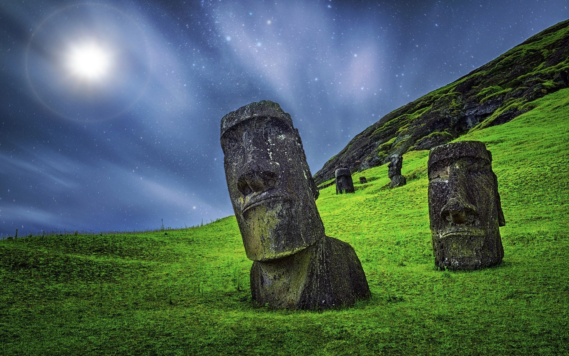1920x1200 enigma, Nature, Landscape, Moai, Sculpture, Starry Night, Grass, Moonlight