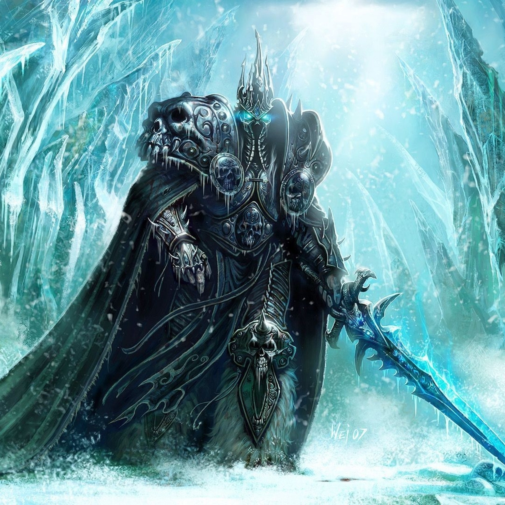 2048x2048 Preview wallpaper world of warcraft, lich king, sword, cold, snow, chain