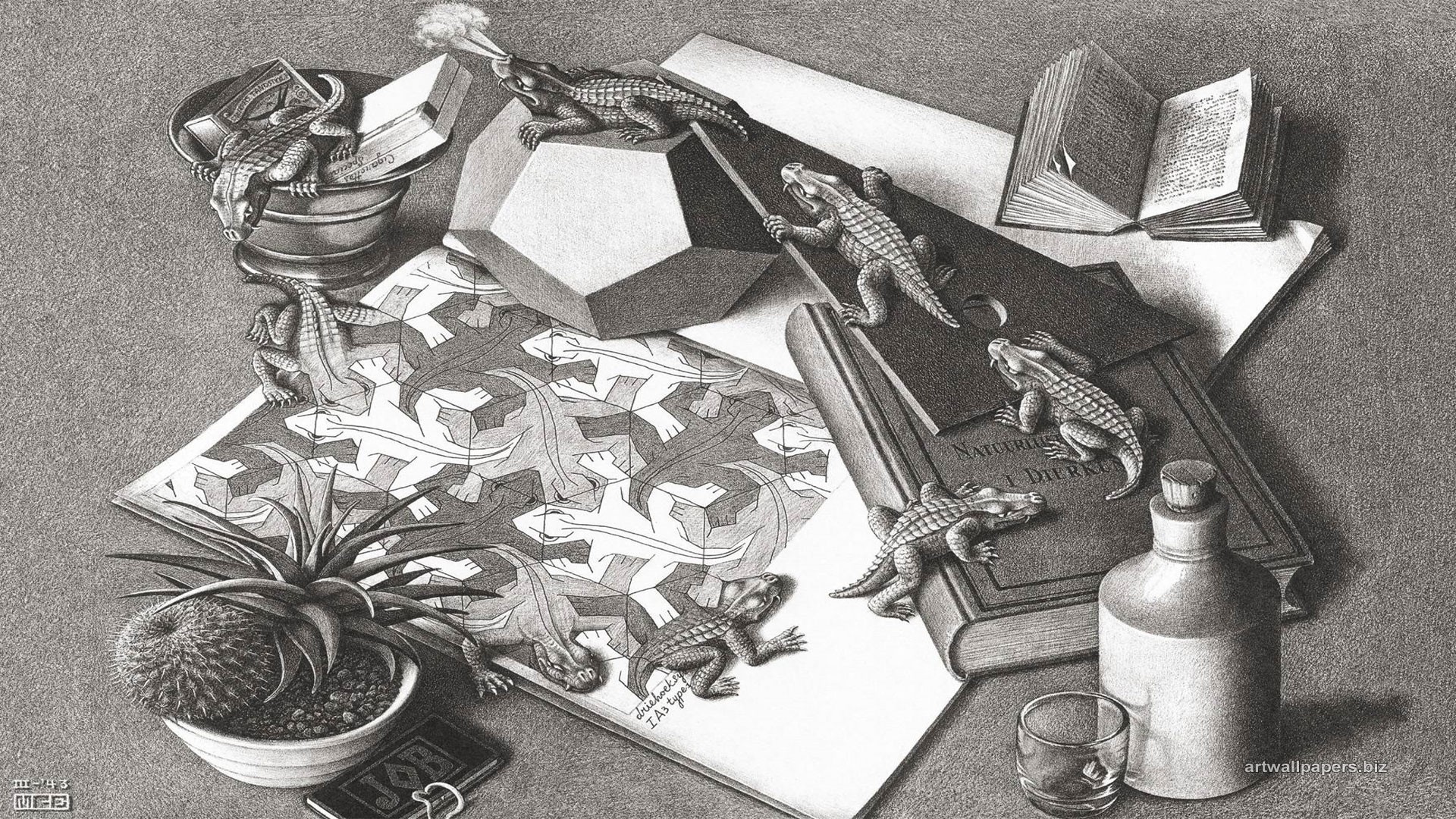 1920x1080 MC Escher lizards on paper