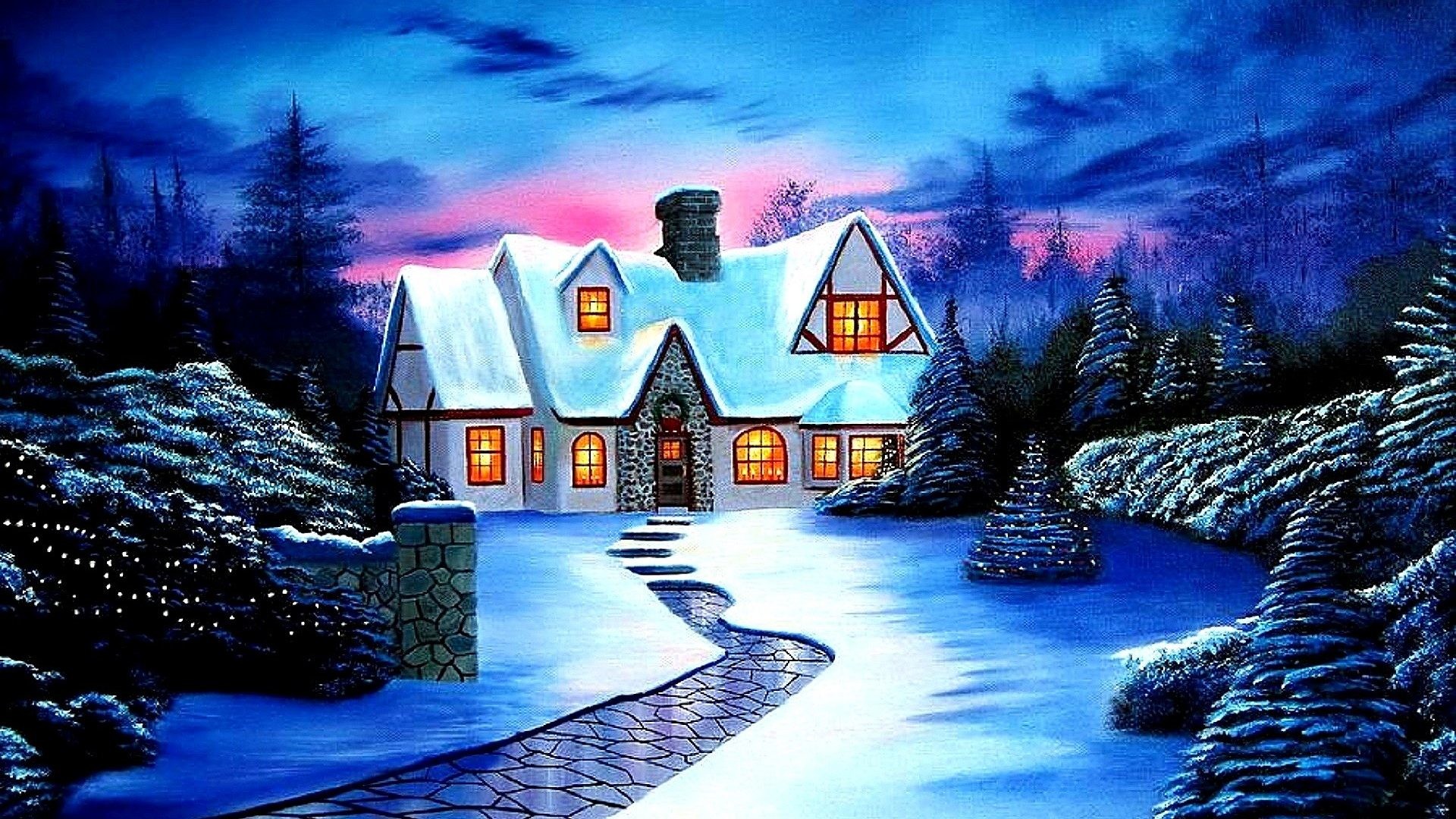 1920x1080 Glow Cottage Xmas New Year Christmas Paintings Cozy Winter Holidays  Sidewalk Trees Love Seasons Blue Colors