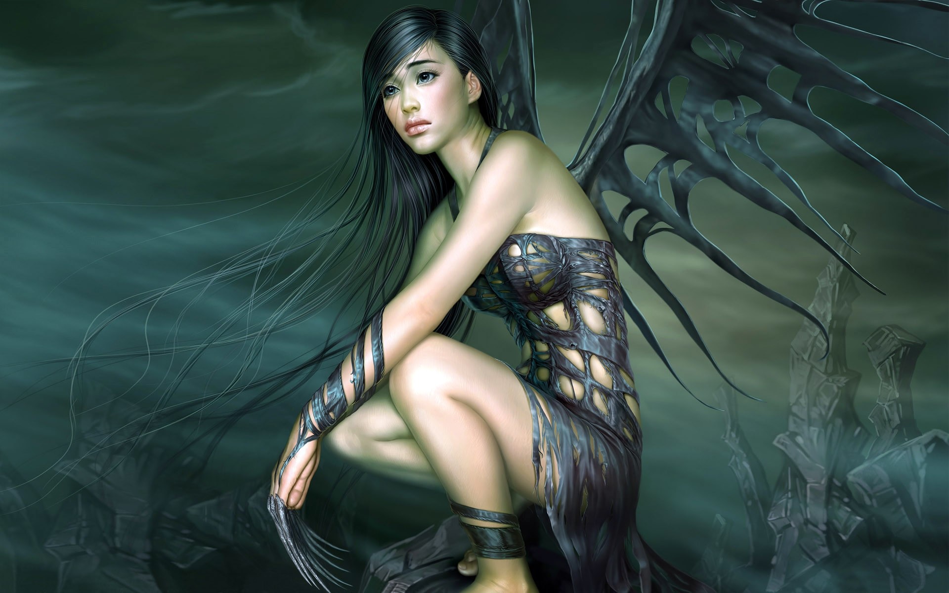 1920x1200  Wallpaper girl, grief, wings, brunette, angel, black