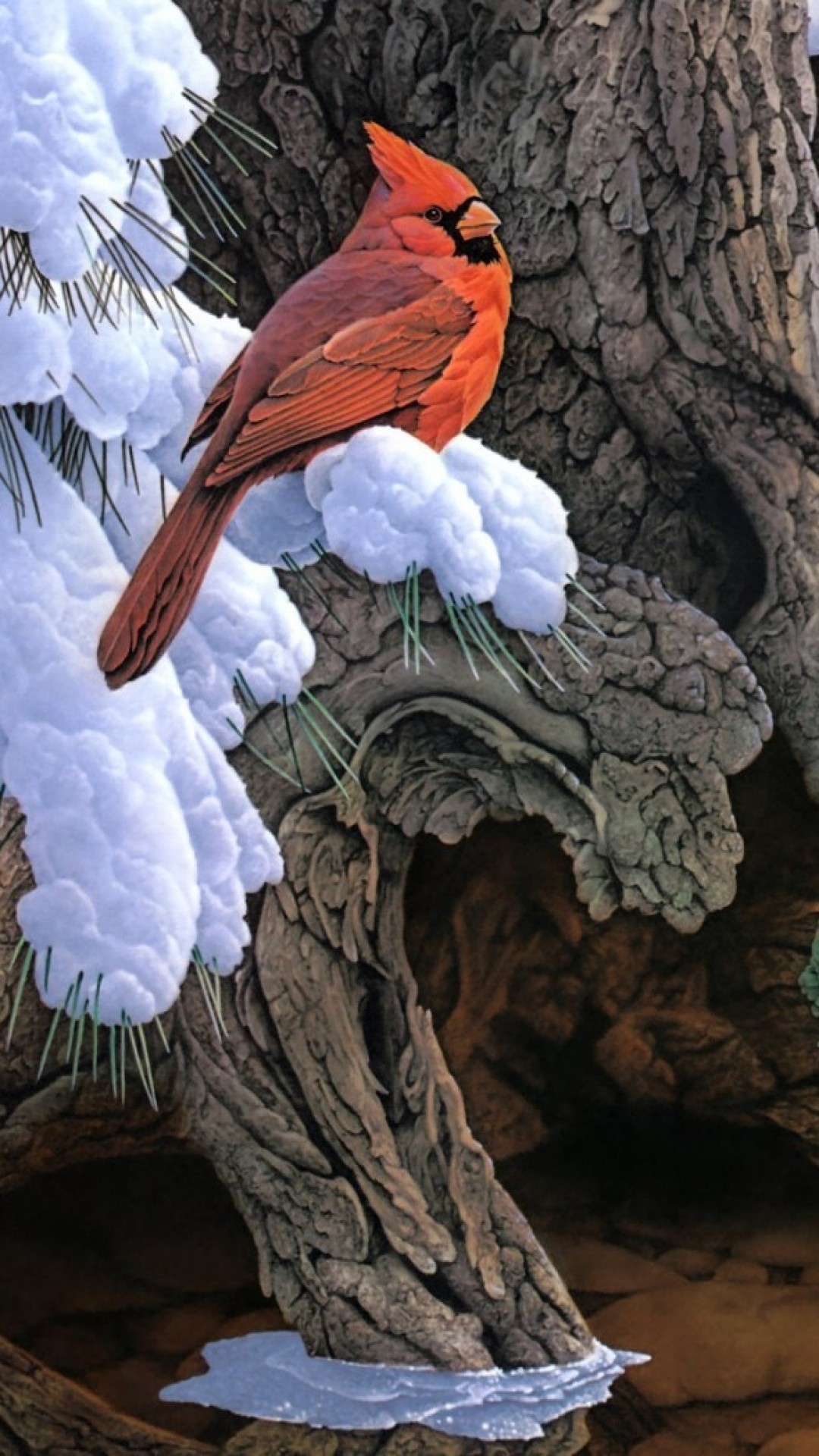 1080x1920  Wallpaper painting, snow, winter, tree, bird, cardinal