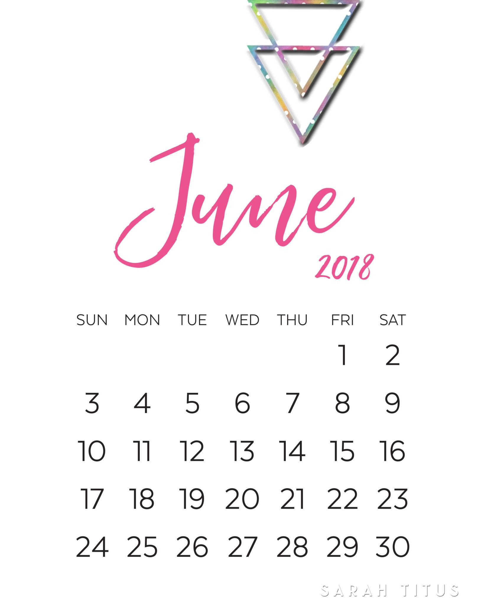 1638x2048 June 2018 Calendar Pink