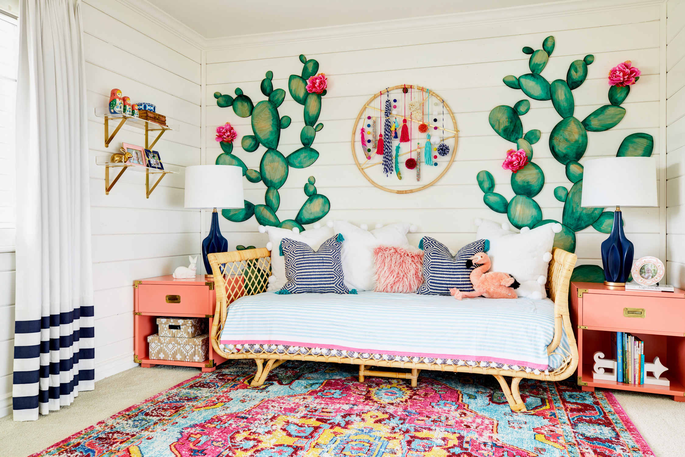 2250x1500 Boho Girl's Room with Cactus Accent Wall and Modern Colorful Dreamcatcher