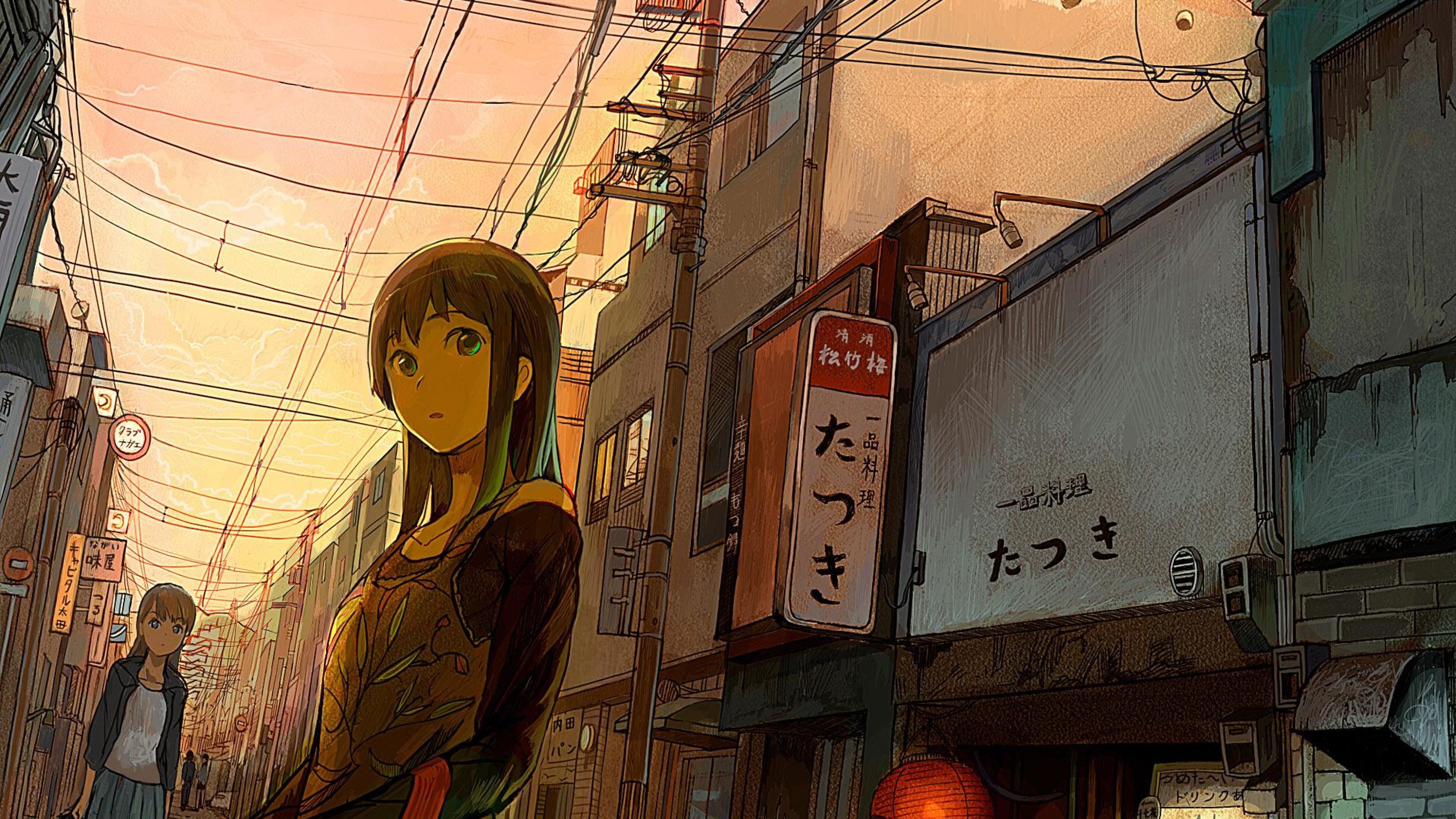 3840x2160 Anime cityscape City Woman Building Street Anime HD Wallpapers.