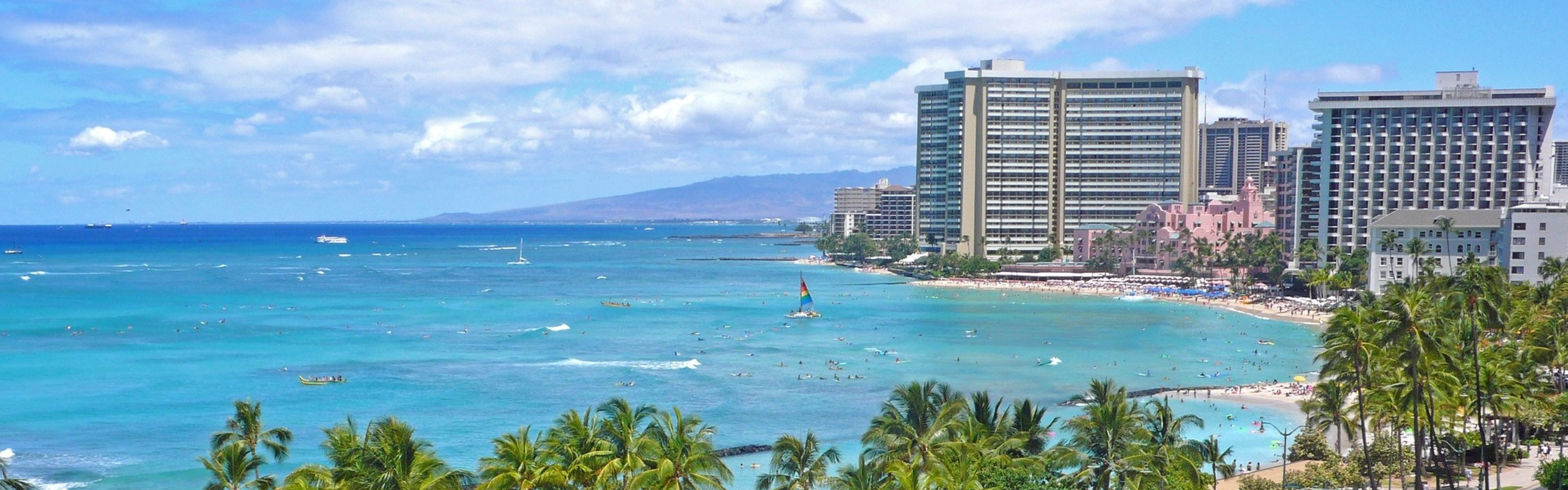3840x1200  Wallpaper honolulu hawaii beach, united states, palm trees, ocean,  sea,