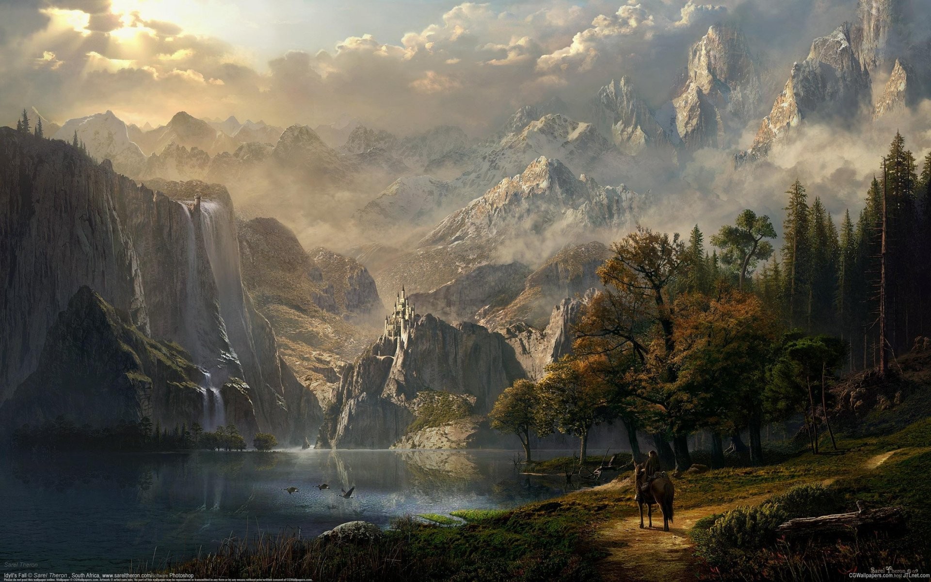 1920x1200 cg wallpapers idyll's fall sarel theron fantasy castle lake mountain  waterfall forest girl elf horse rider