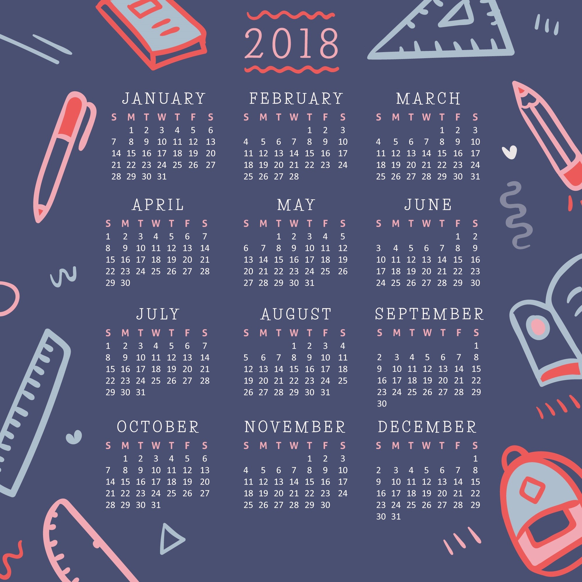 2000x2000 Yearly Calendar 2018 Wallpapers Free Yearly Calendar 2018 Wallpapers HD