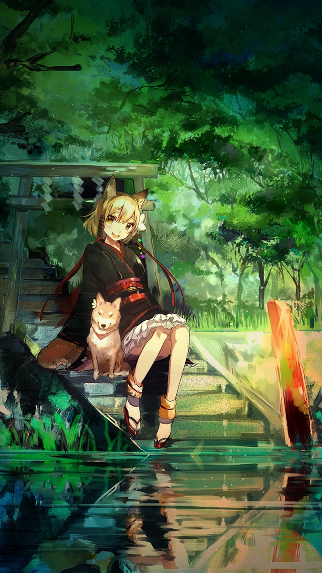 1080x1920 Girl And Dog Green Nature Anime Art Illust iPhone 6 plus wallpaper.