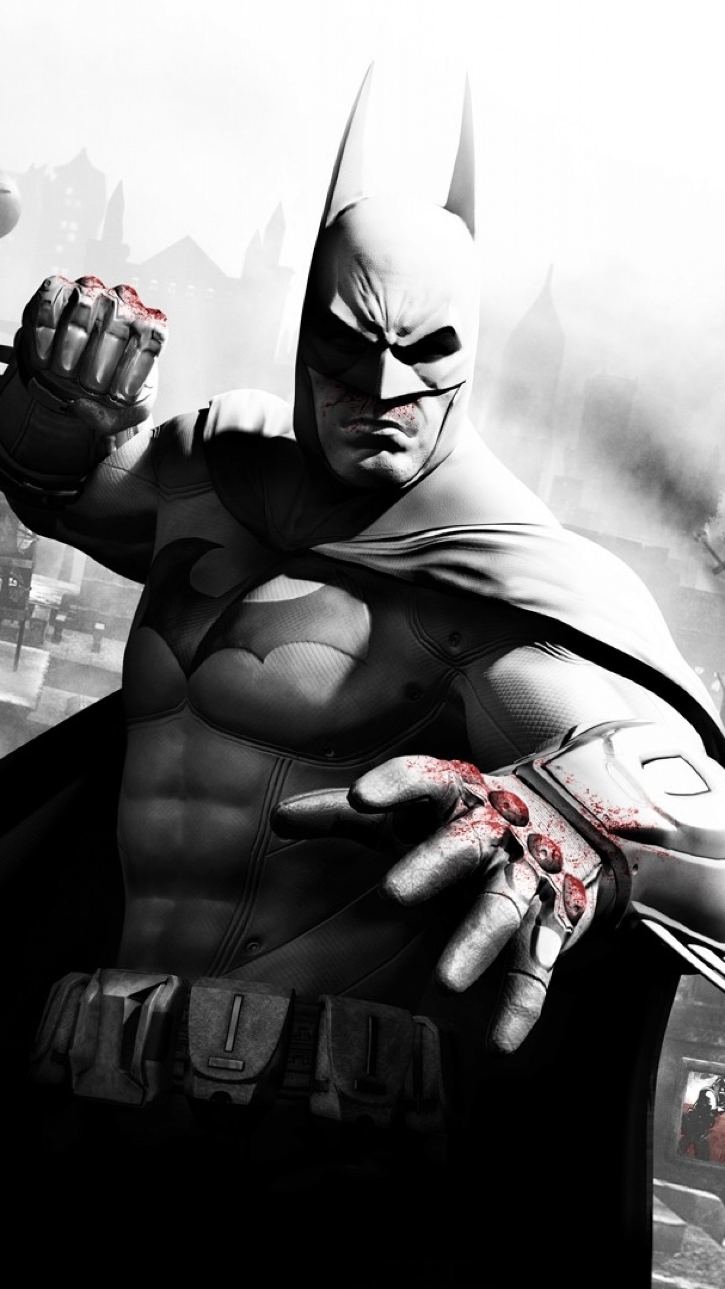1440x2560  Wallpaper batman arkham city, character, blood, fist, city,  houses,