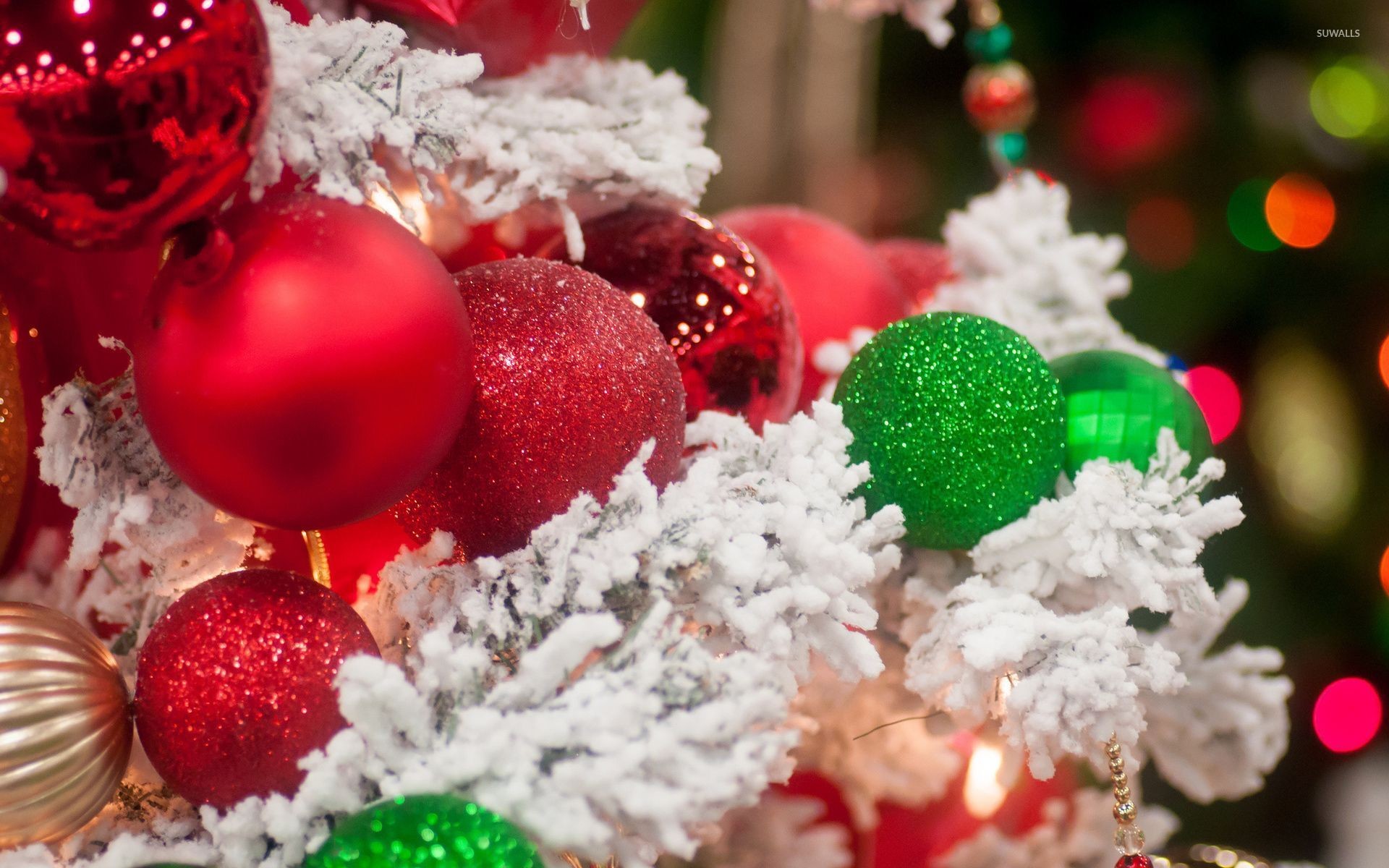 1920x1200 Sparkly red and green baubles on the snowy Christmas tree wallpaper