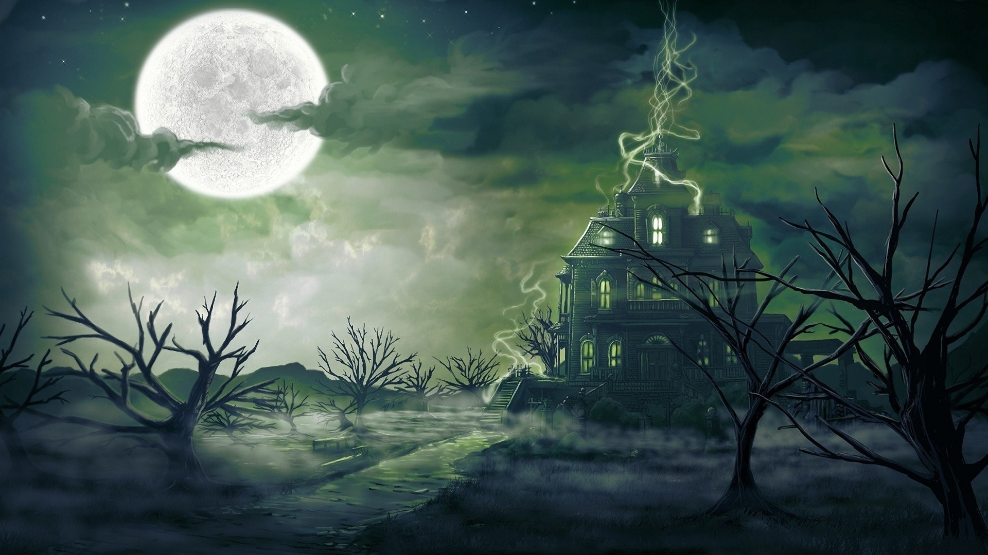1920x1080 Clouds trees stars Moon haunted house wallpaper |  | 301763 |  WallpaperUP