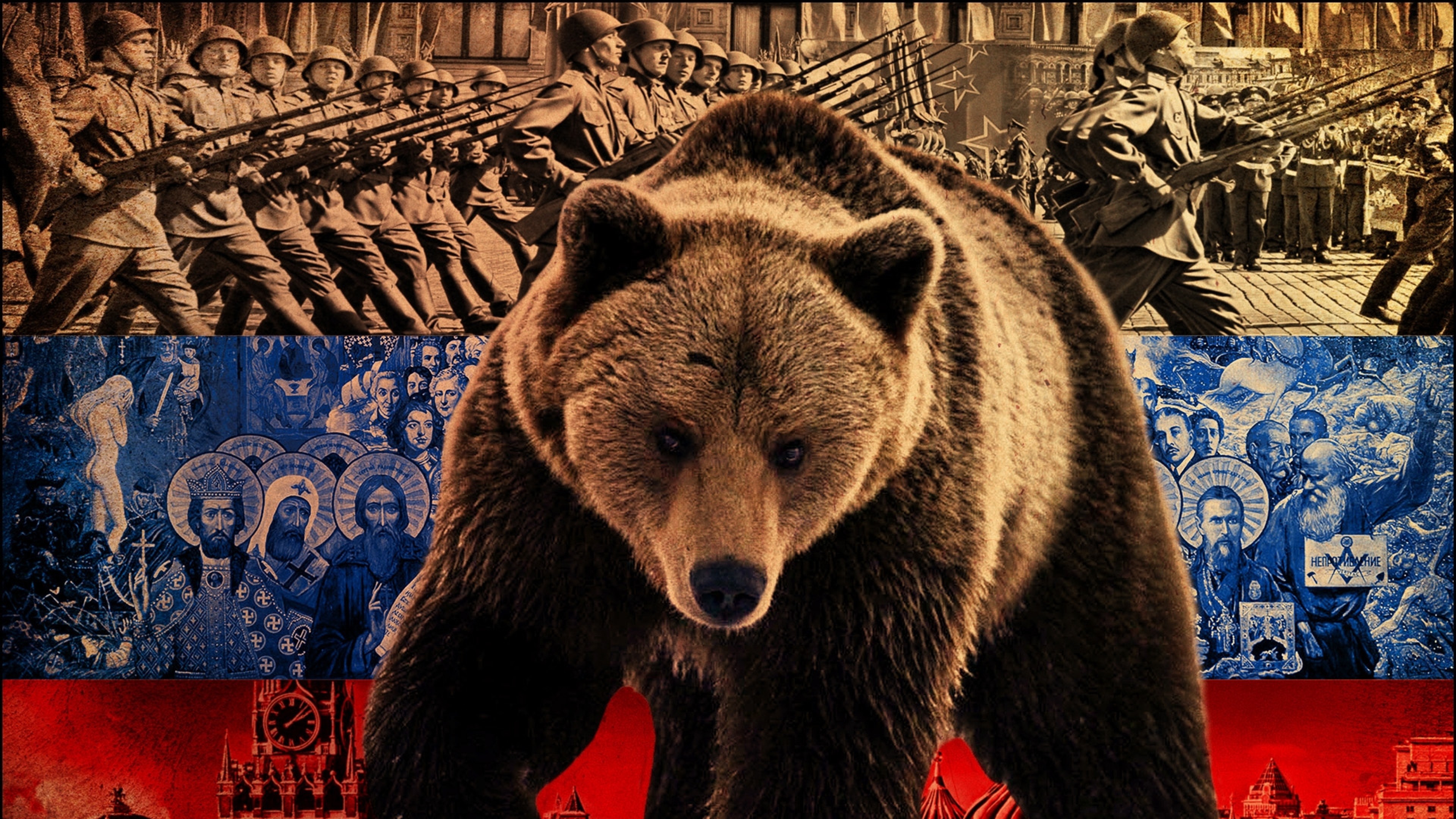 3840x2160  Wallpaper bear, symbol, flag, russia