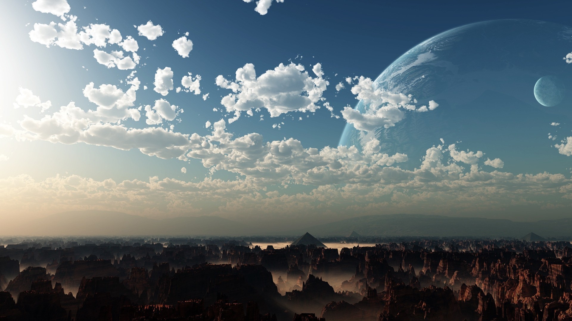 1920x1080 General  clouds digital art planet Moon landscape rock formation  sunlight pyramid sky high view canyon