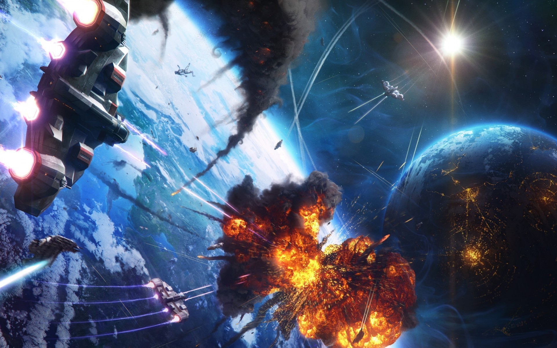 1920x1200 Space War, Sci-fi, Explosion, Planets, Stars, Spaceship