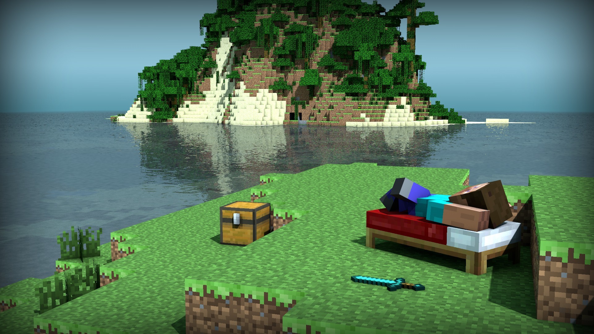 1920x1080 Computerspiele - Minecraft Mojang Bed Steve (Minecraft) Computerspiele  Schwert Wasser Insel Wallpaper