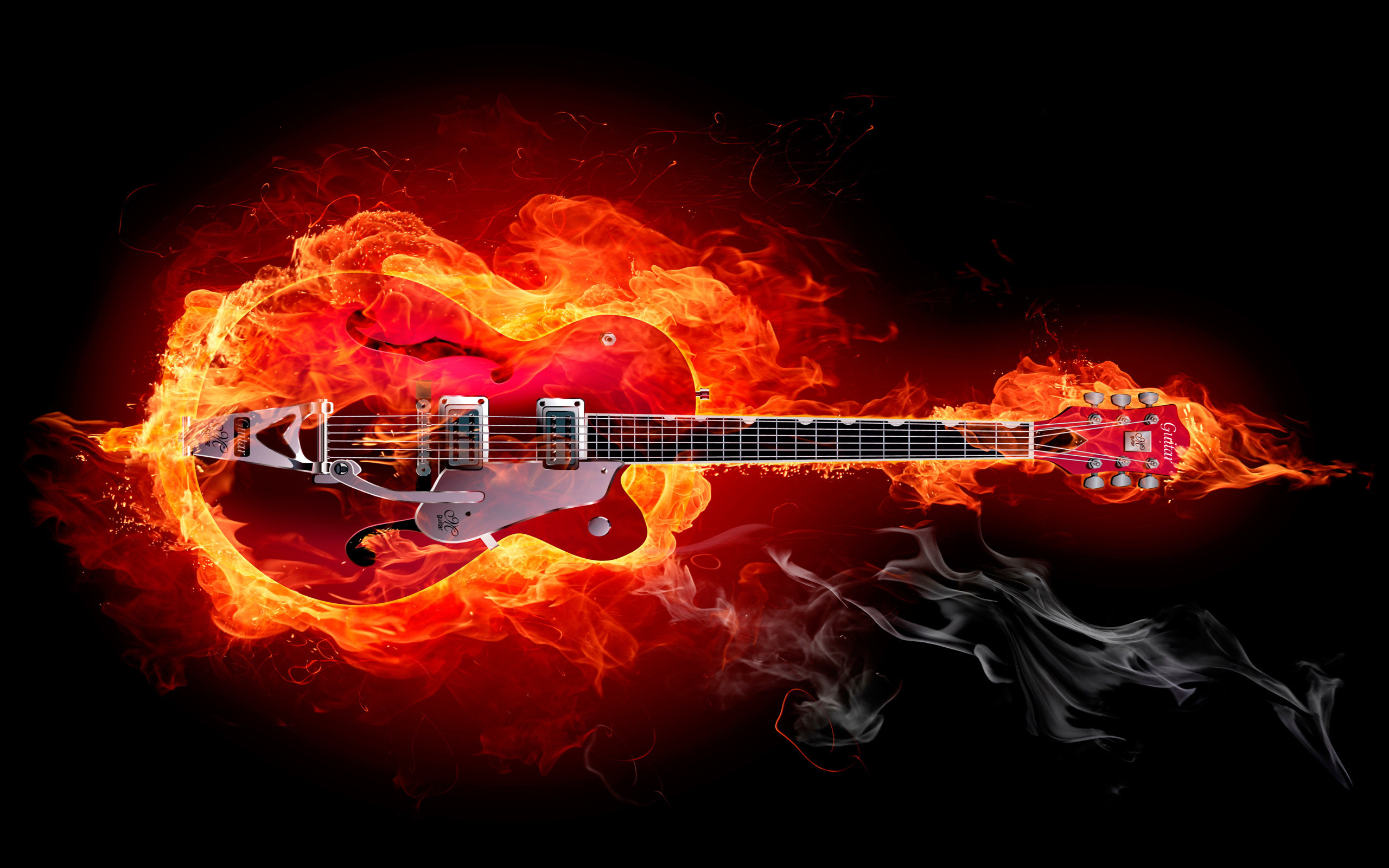 2560x1600 fire, guitar, smoke, electric guitar, musical instrument