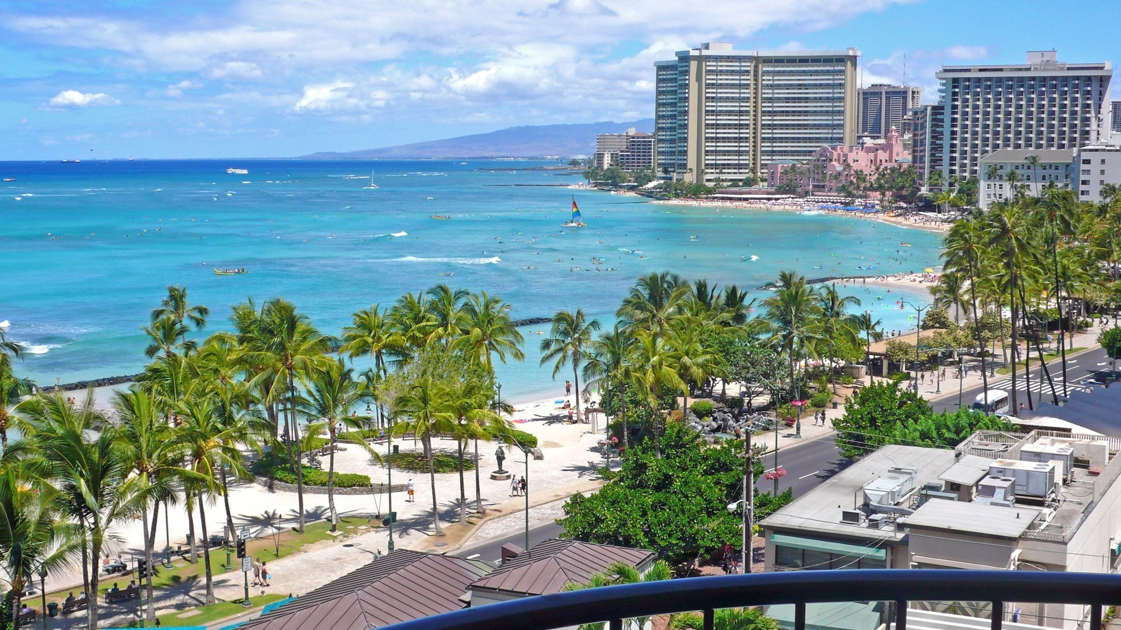 3840x2160  Wallpaper honolulu hawaii beach, united states, palm trees,  ocean, sea,