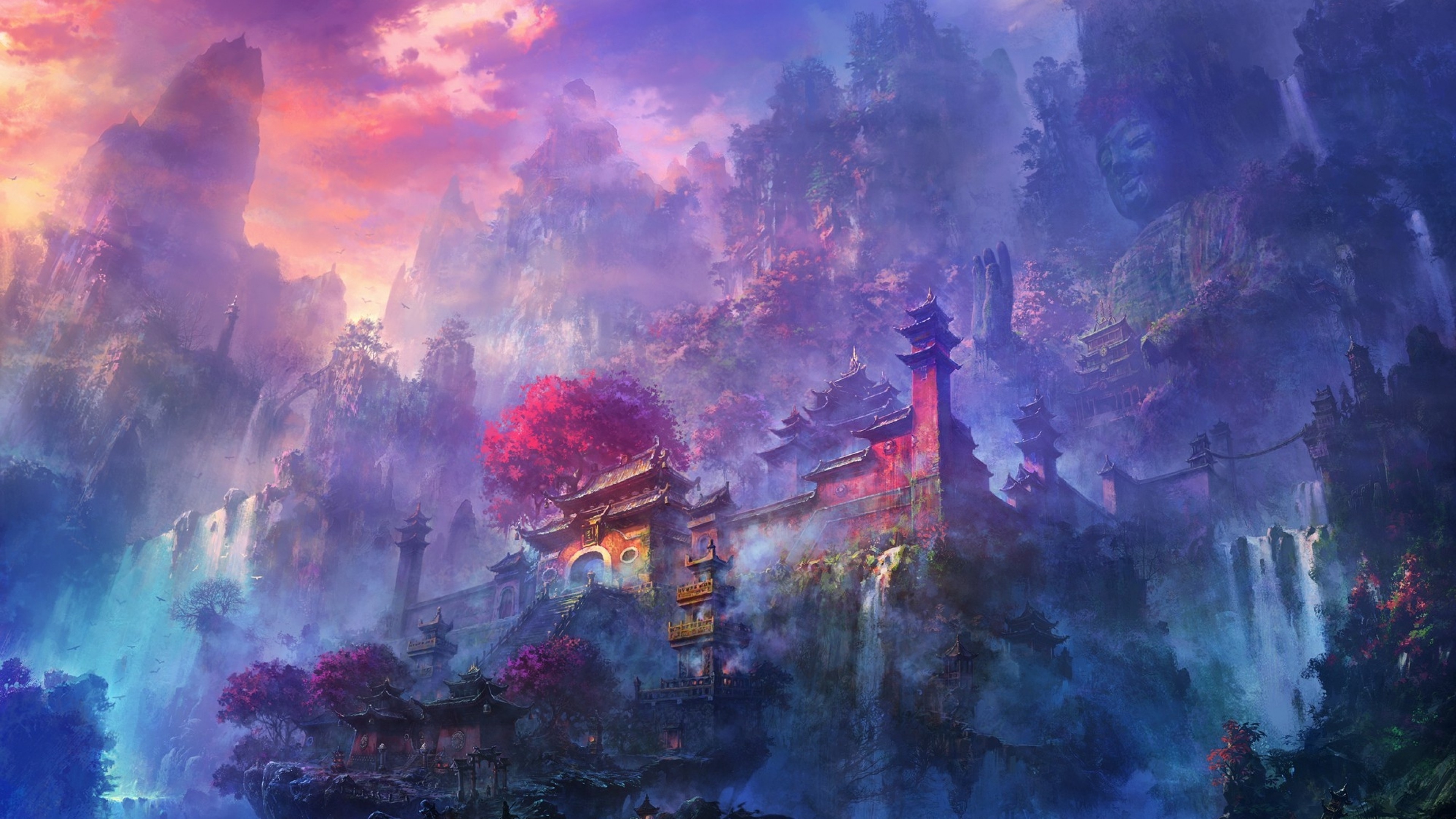 3840x2160 Asian Temple, Landscape, Buda, Waterfall, Mountains, Sky, Clouds, Fog